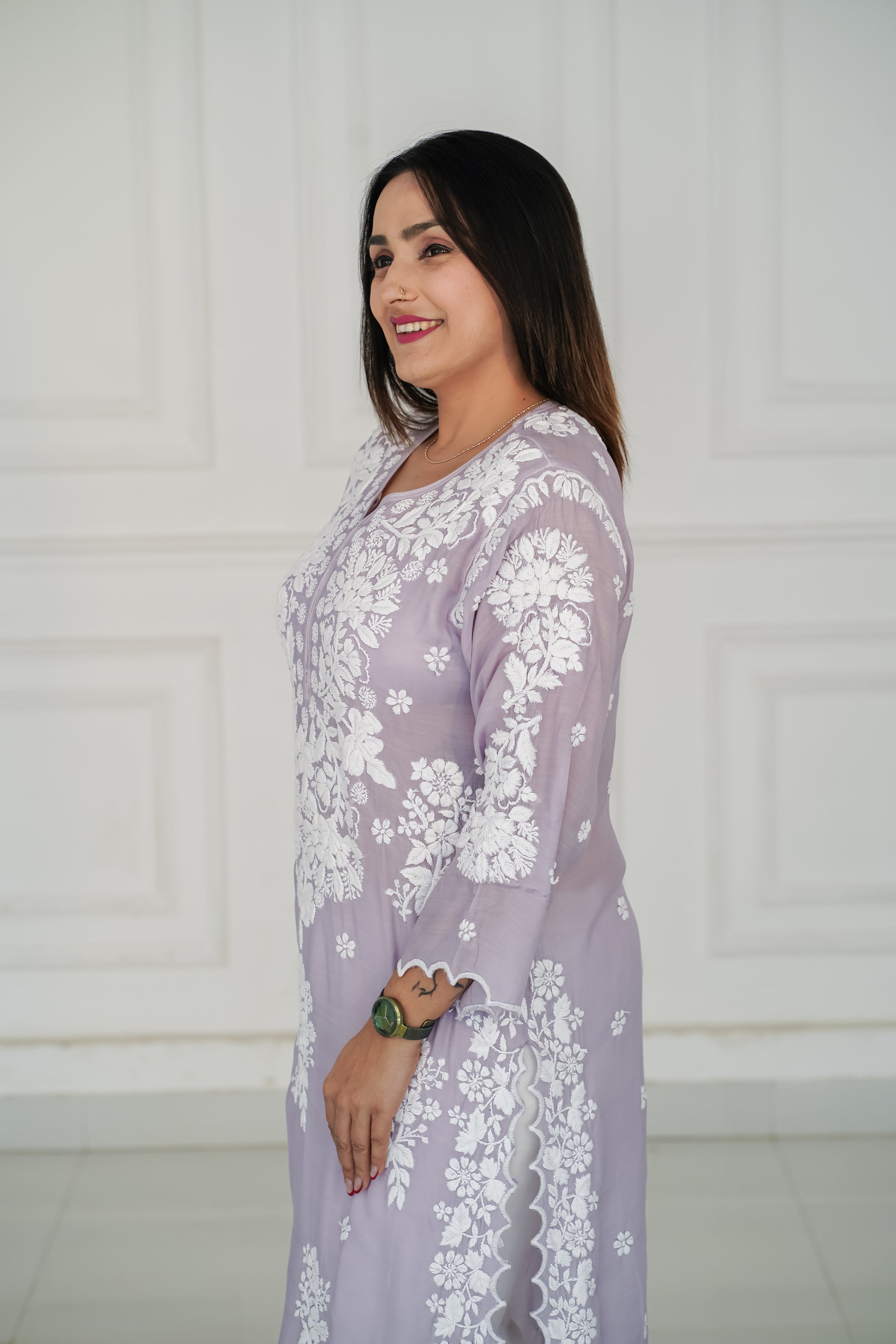 Grey Pure Muslin Short Kurti with 3D Chikankari