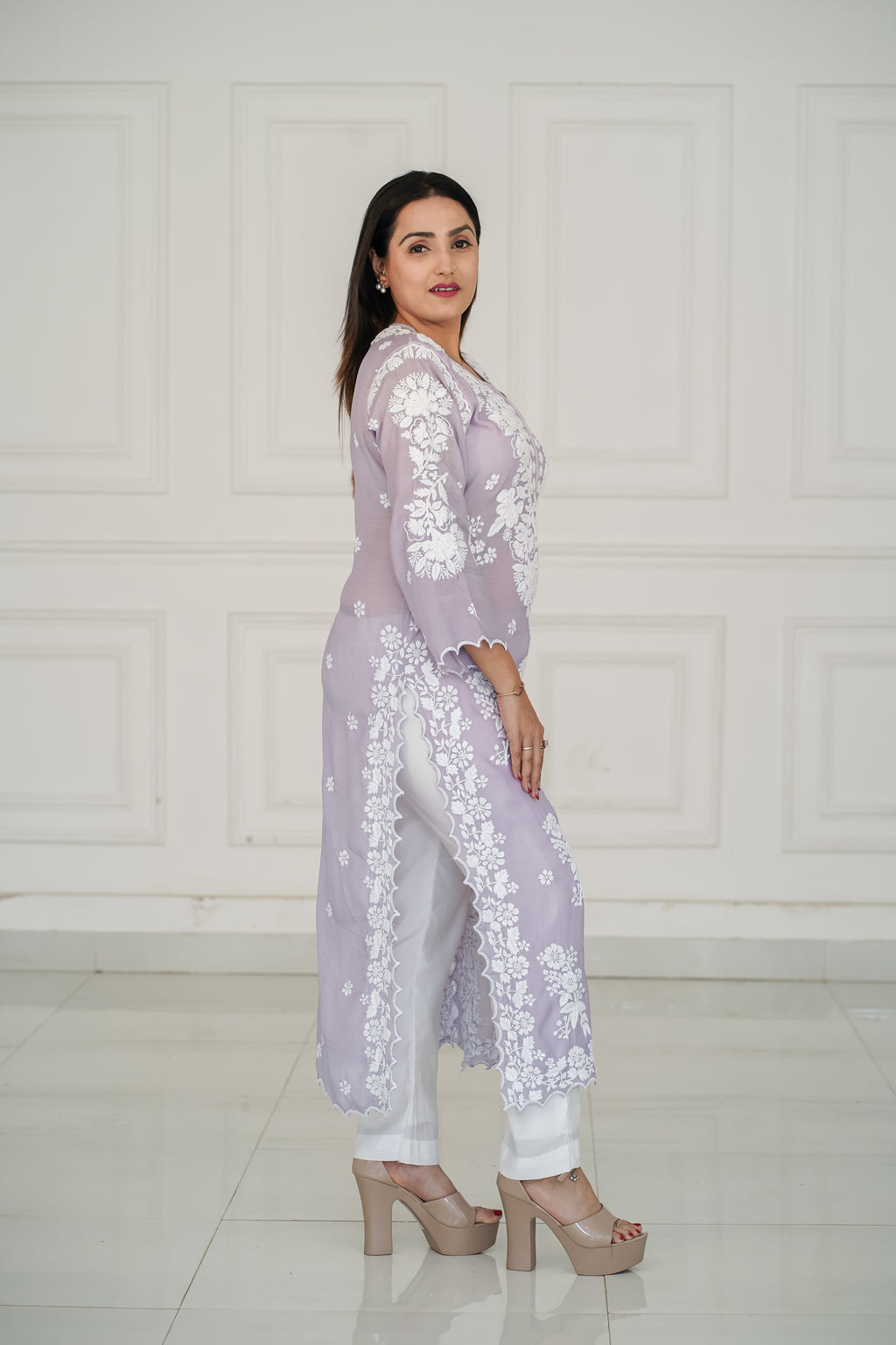 Grey Pure Muslin Short Kurti with 3D Chikankari