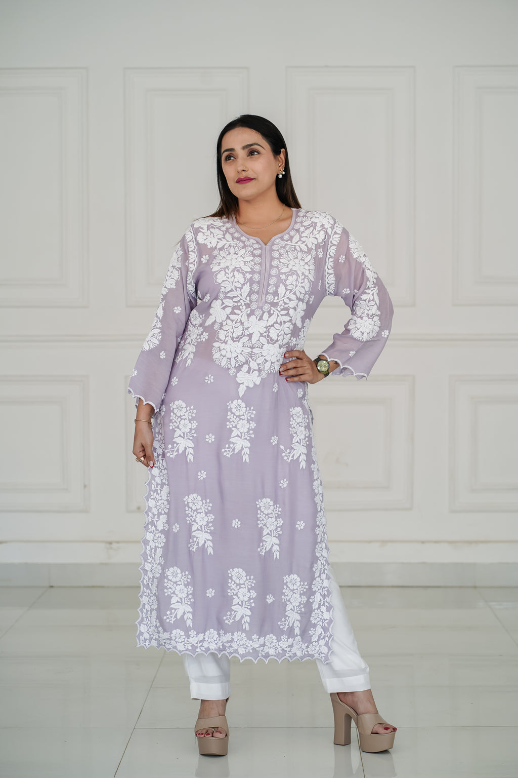 Grey Pure Muslin Short Kurti with 3D Chikankari