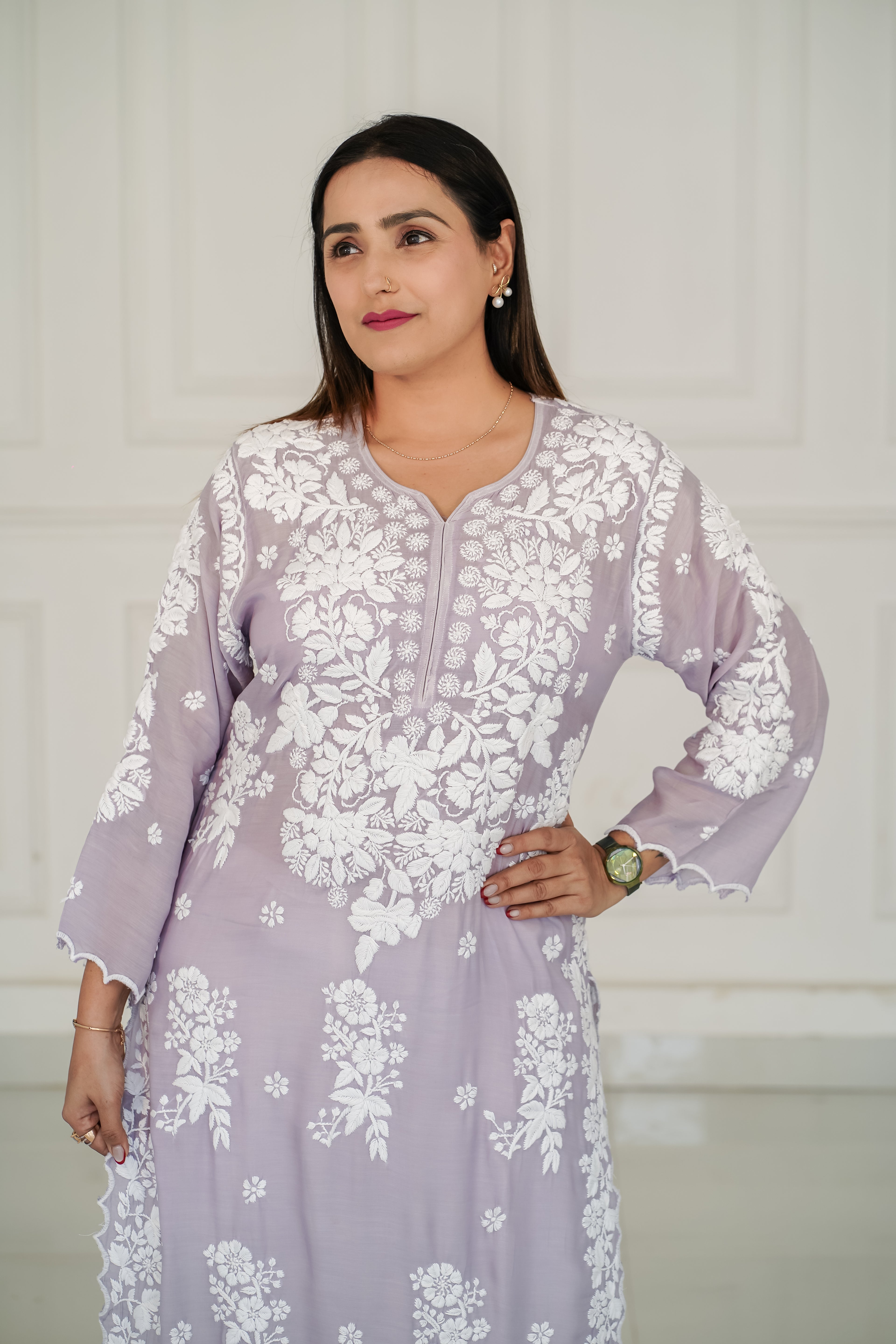 Grey Pure Muslin Short Kurti with 3D Chikankari