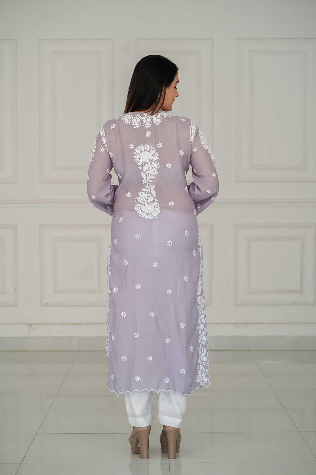 Grey Pure Muslin Short Kurti with 3D Chikankari