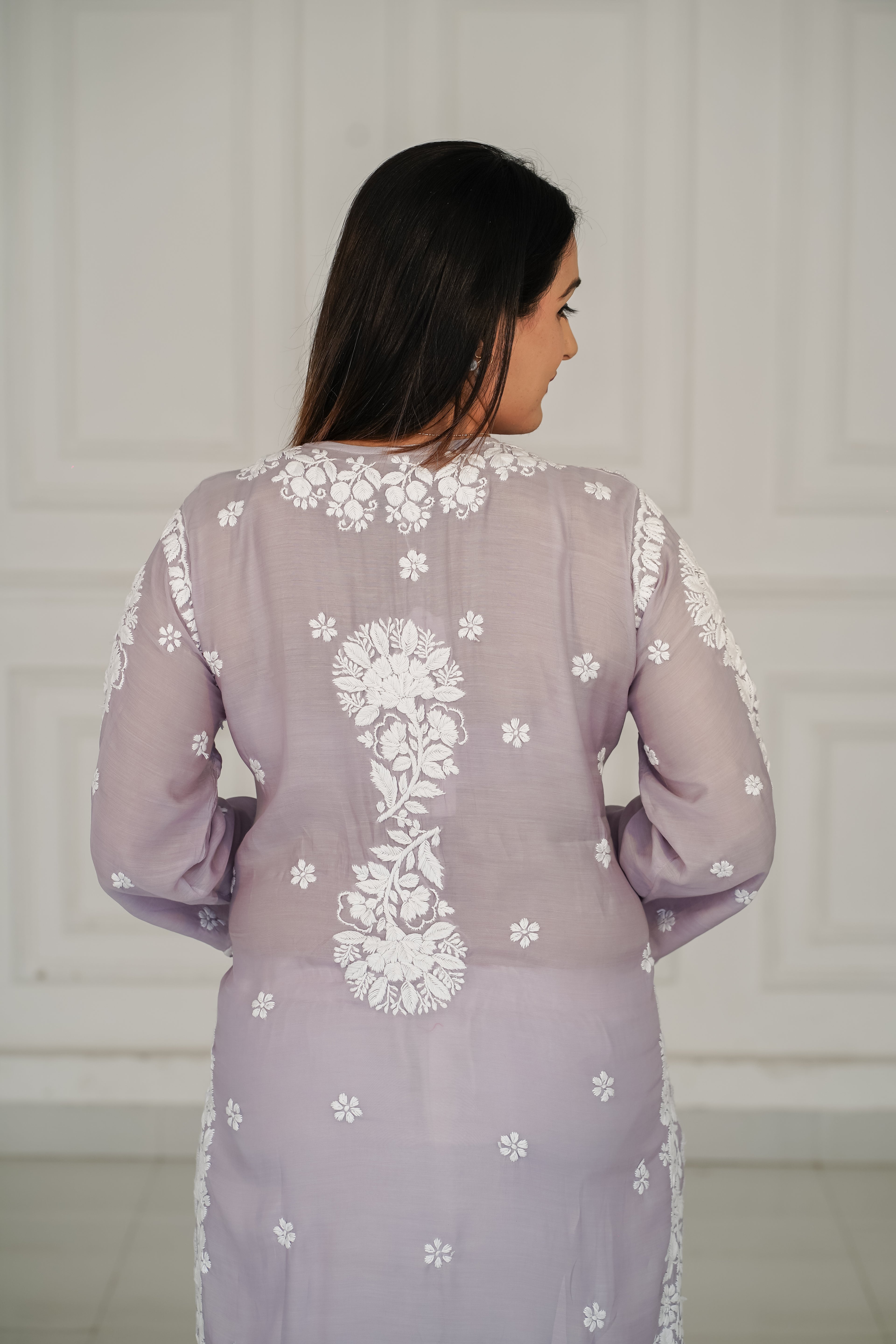 Grey Pure Muslin Short Kurti with 3D Chikankari