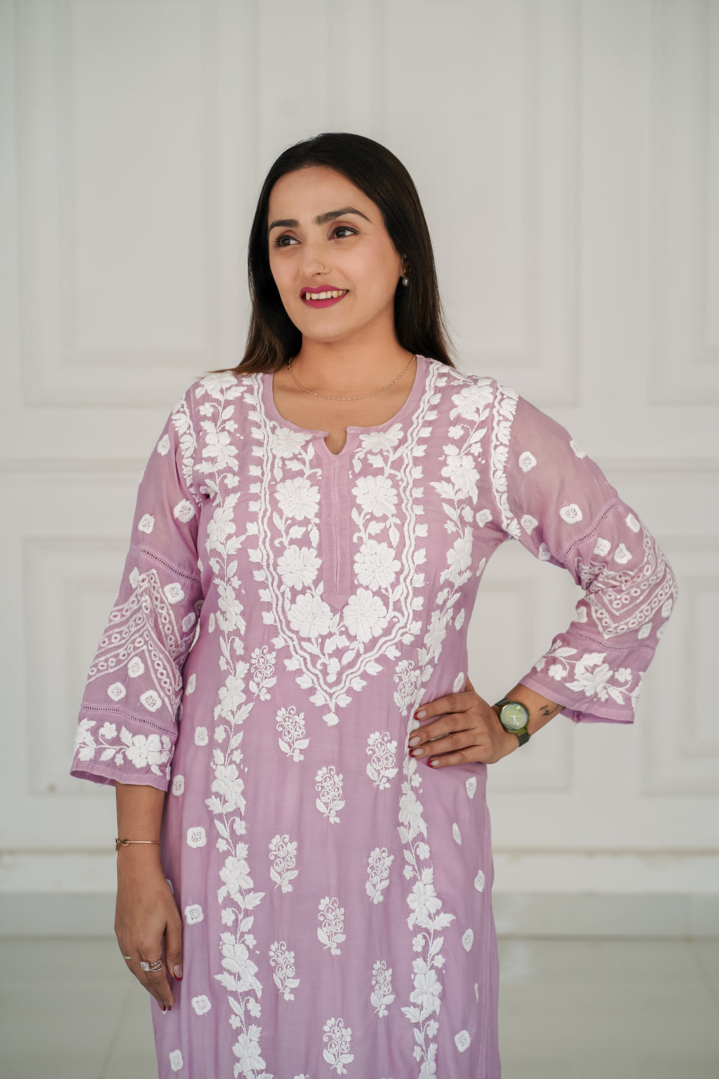 Lilac Hue Muslin Kurti in 3D Chikankari