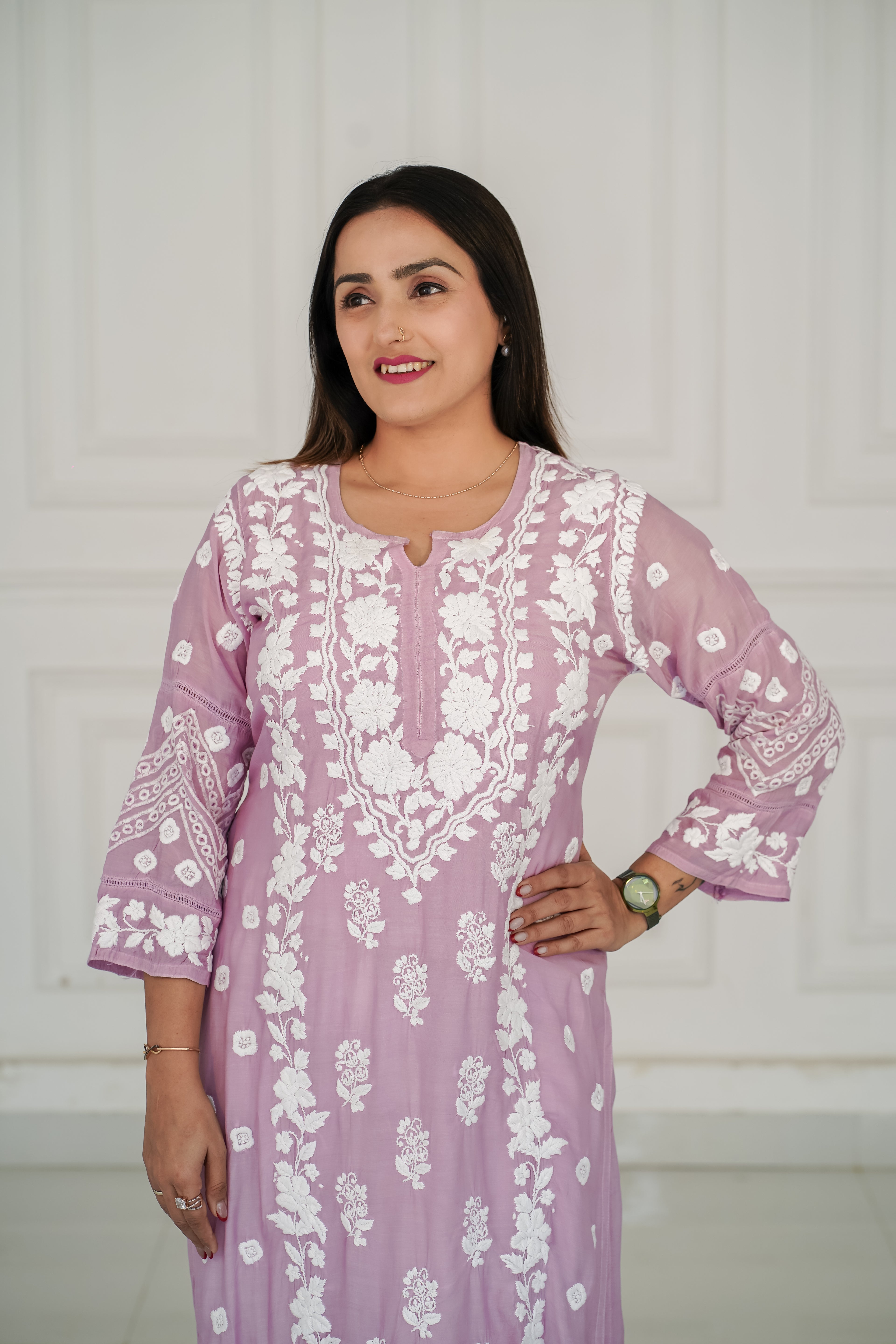 Lilac Hue Muslin Kurti in 3D Chikankari