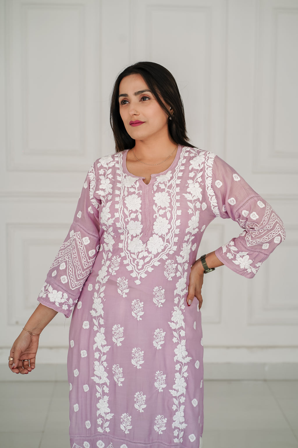 Lilac Hue Muslin Kurti in 3D Chikankari