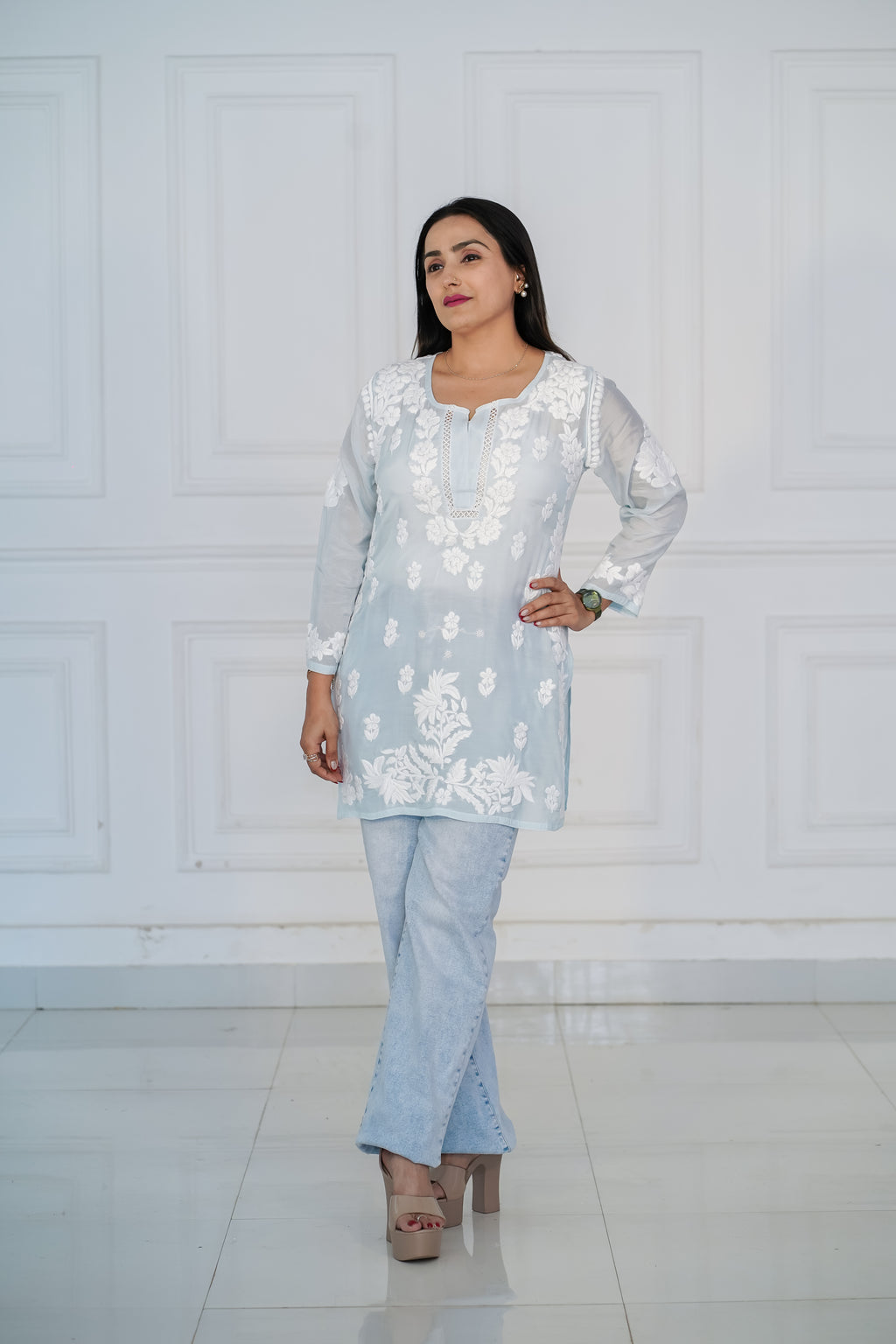 Beige Muslin Short Kurti with 3D Chikankari