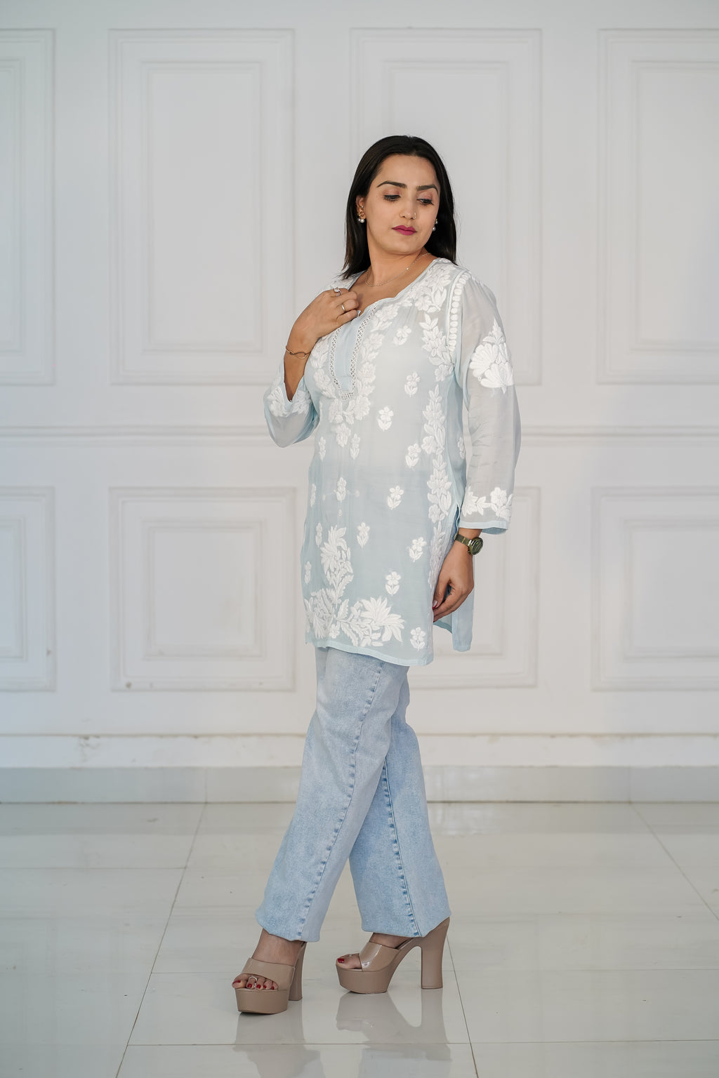 Beige Muslin Short Kurti with 3D Chikankari