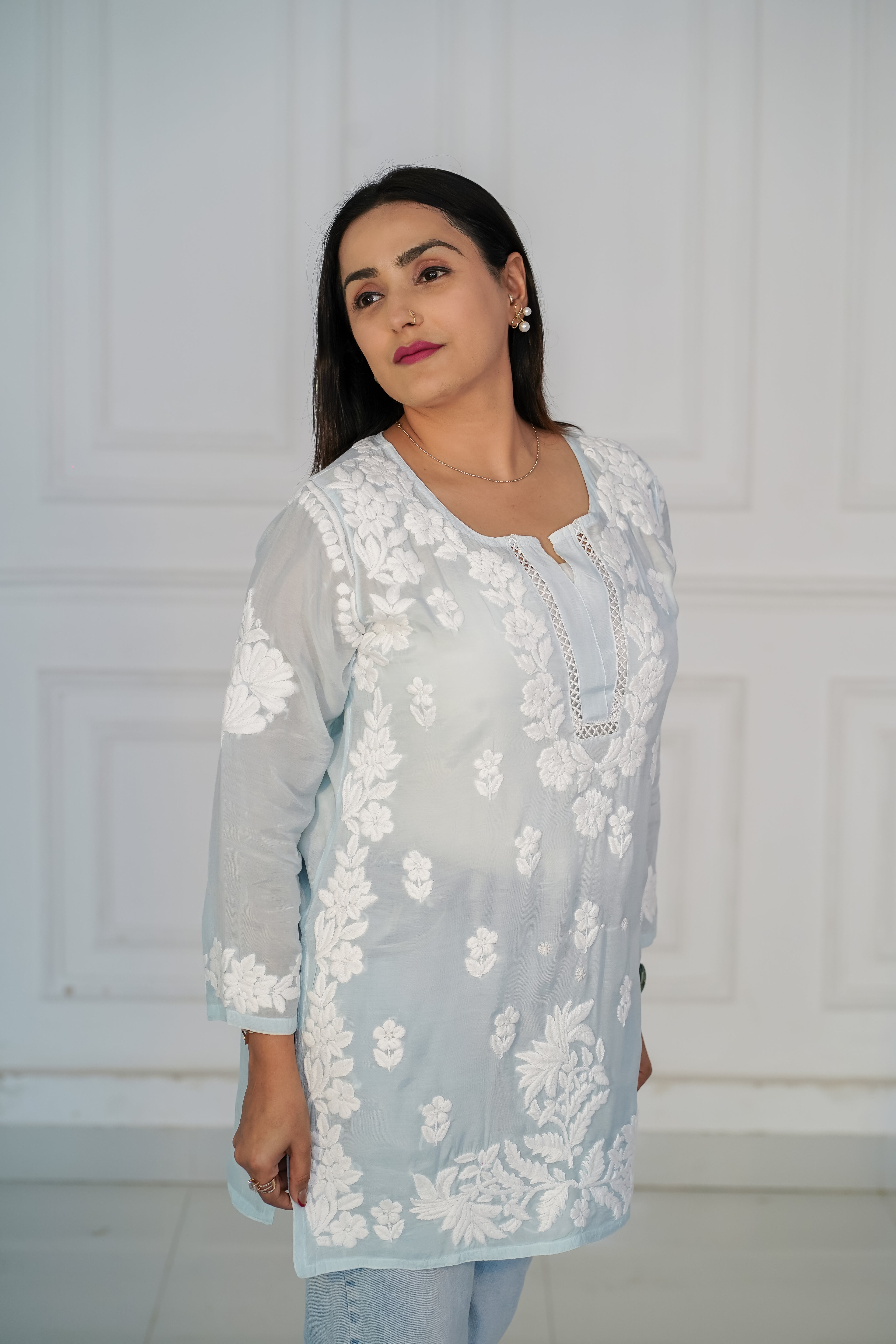 Beige Muslin Short Kurti with 3D Chikankari