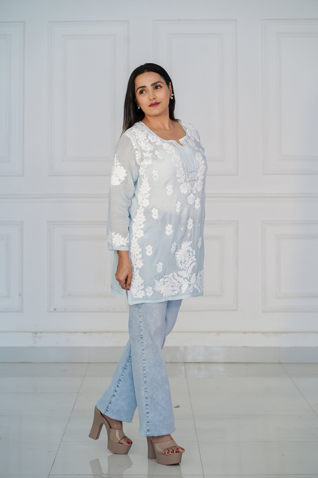 Beige Muslin Short Kurti with 3D Chikankari