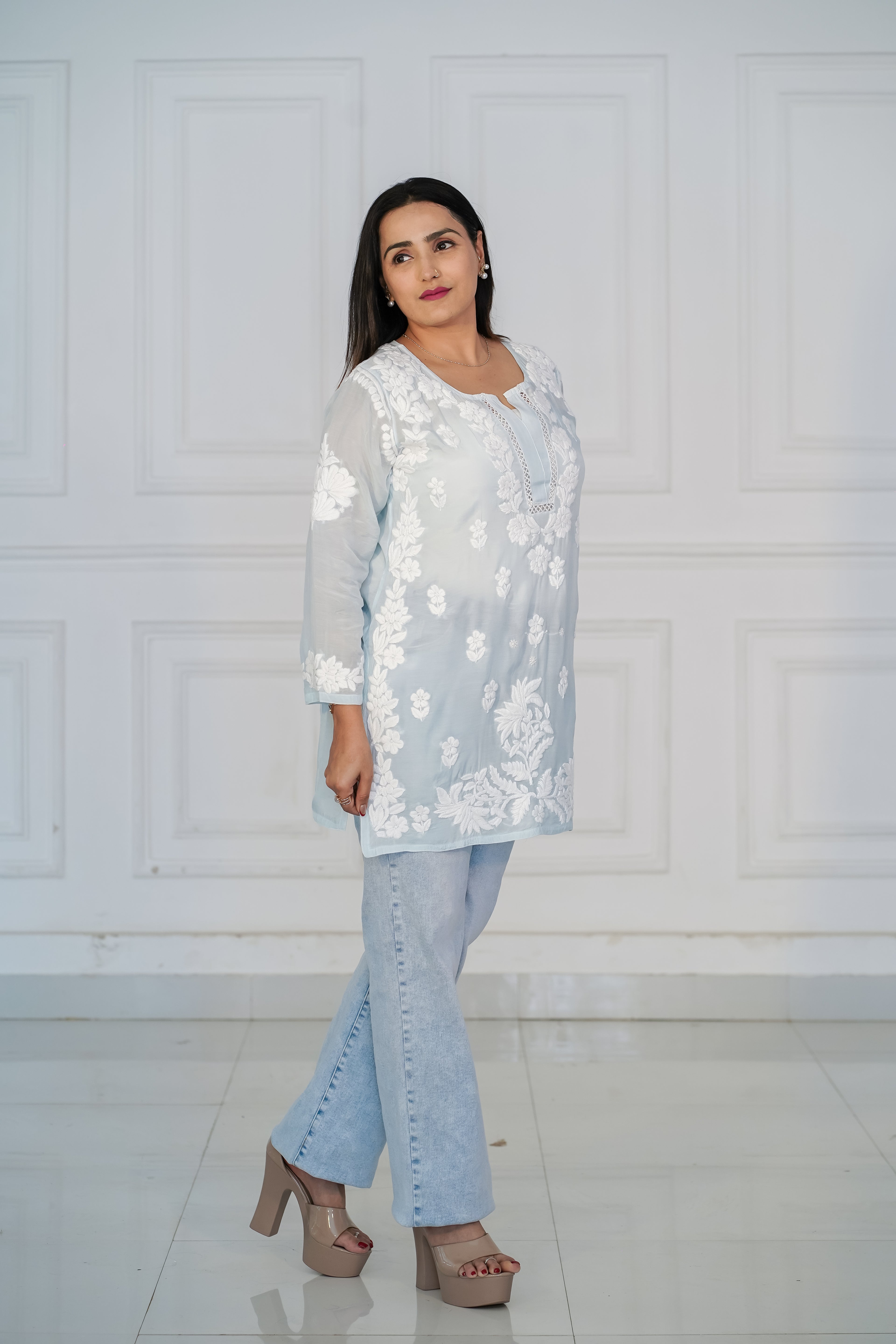 Beige Muslin Short Kurti with 3D Chikankari