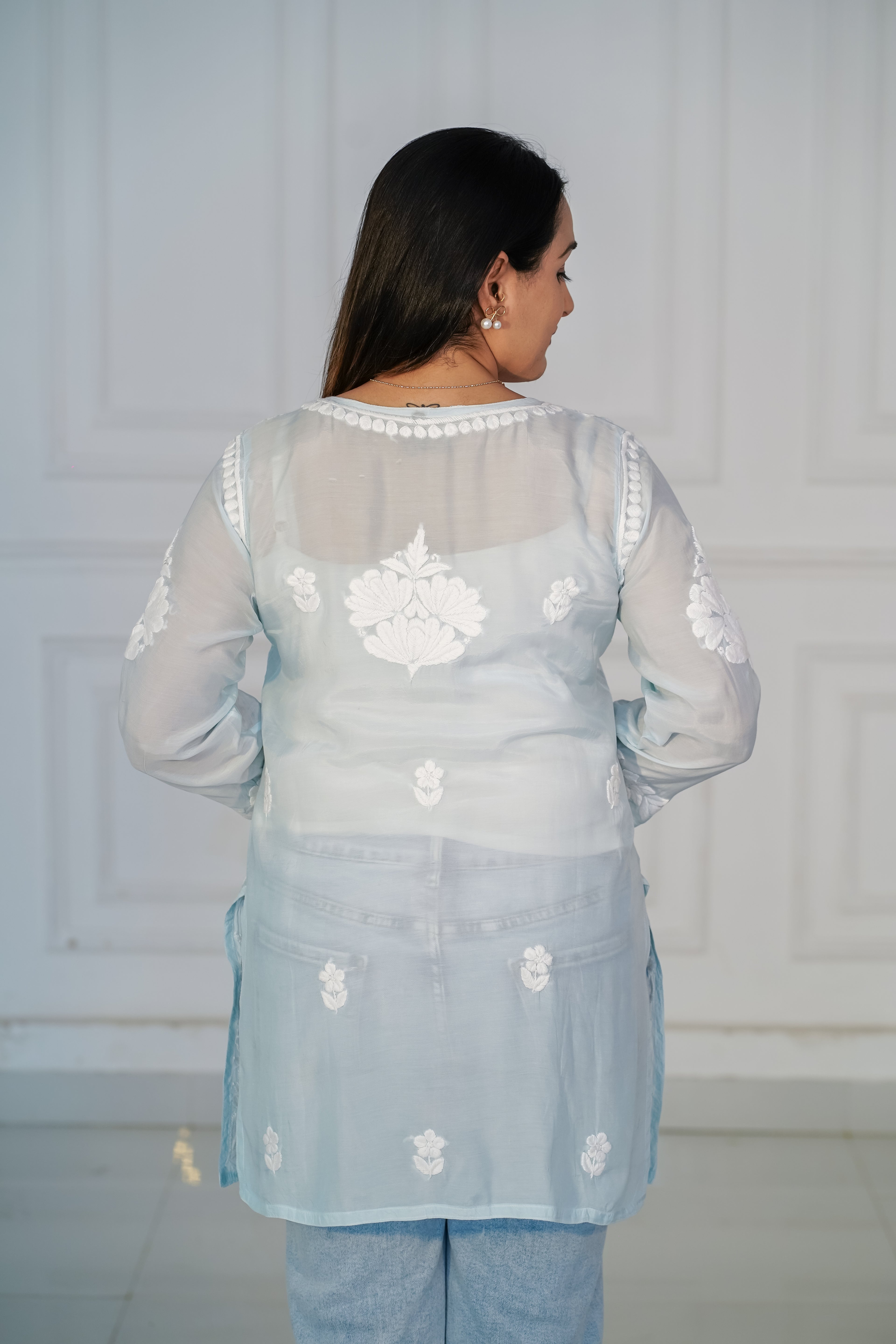 Beige Muslin Short Kurti with 3D Chikankari