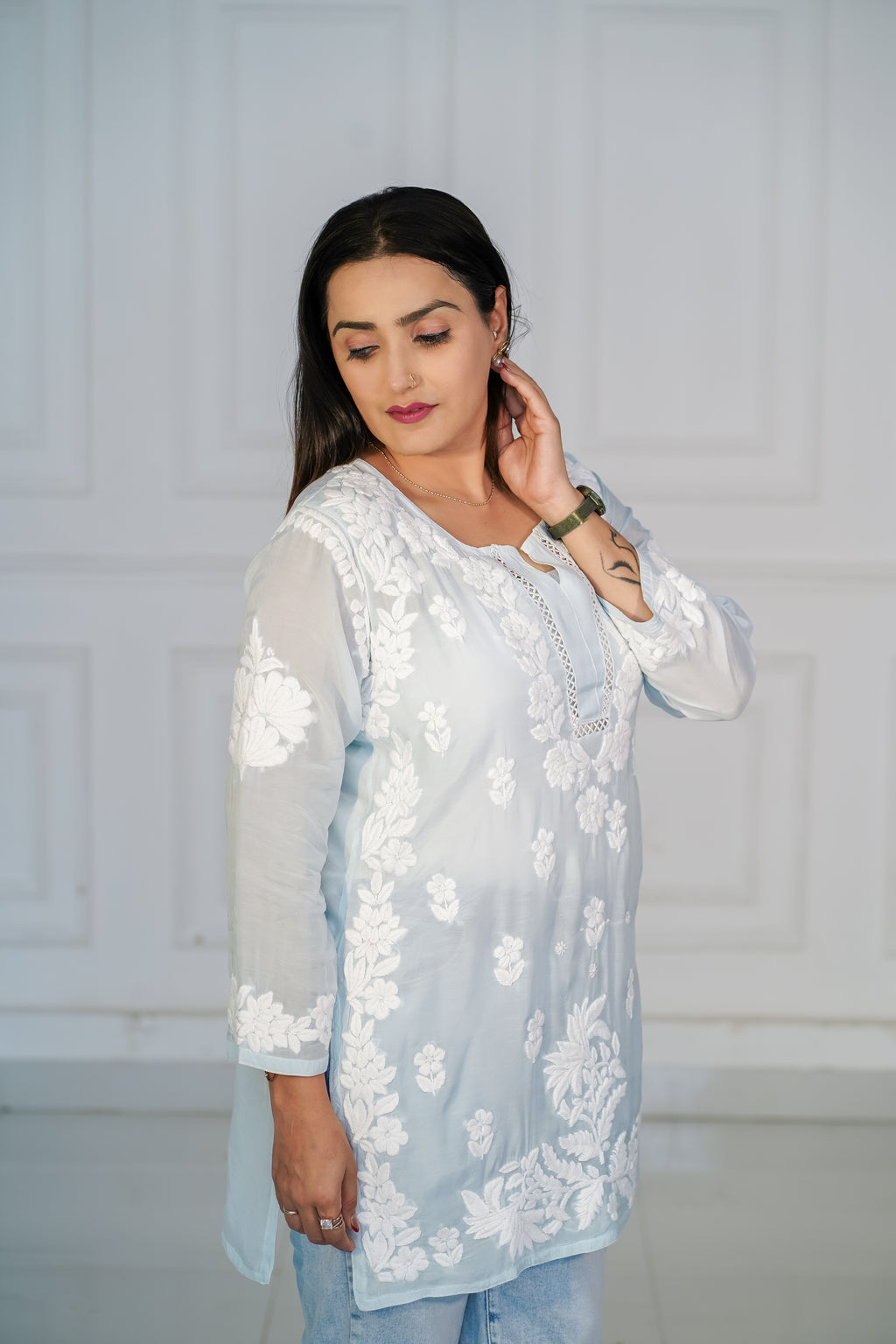 Beige Muslin Short Kurti with 3D Chikankari