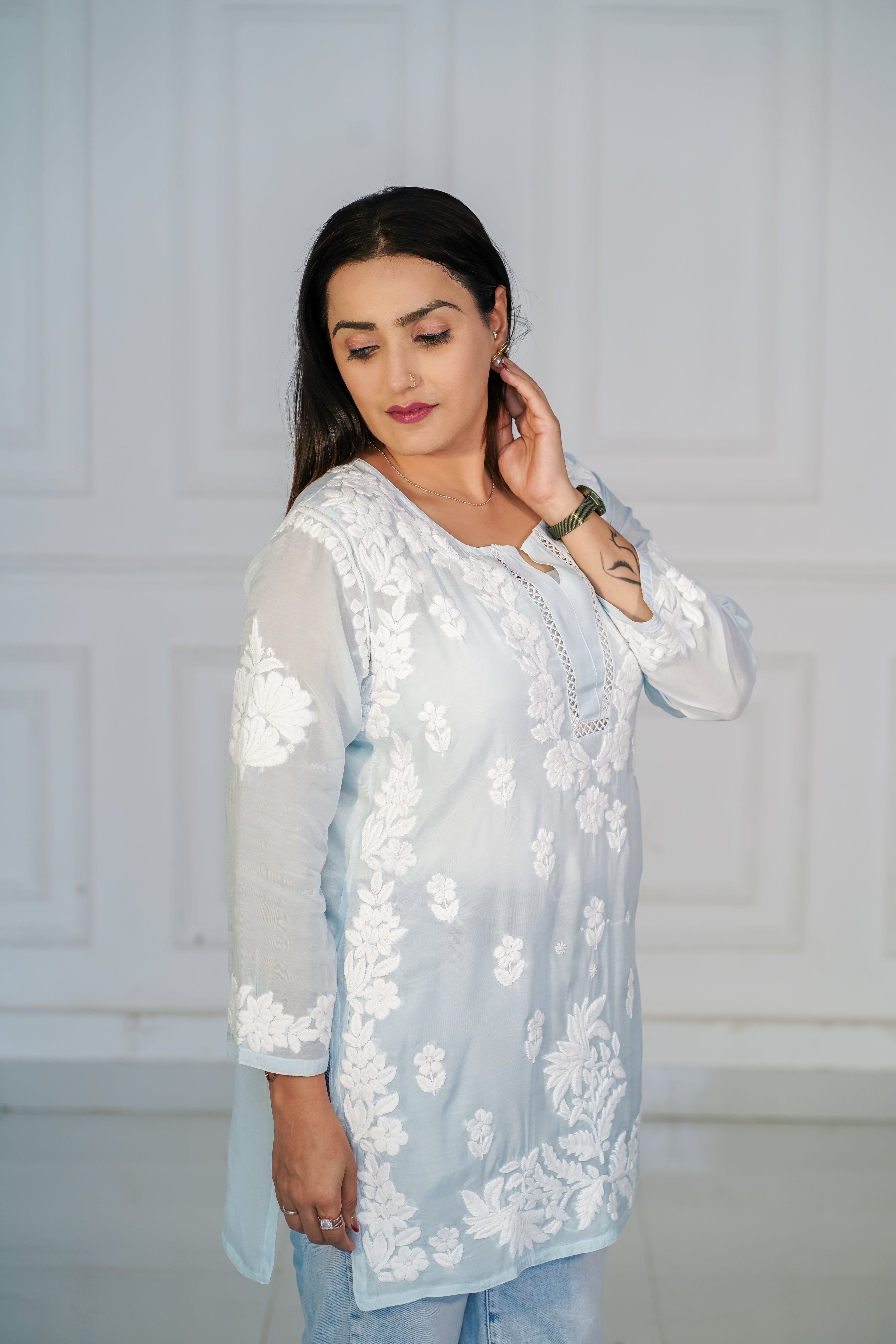 Beige Muslin Short Kurti with 3D Chikankari