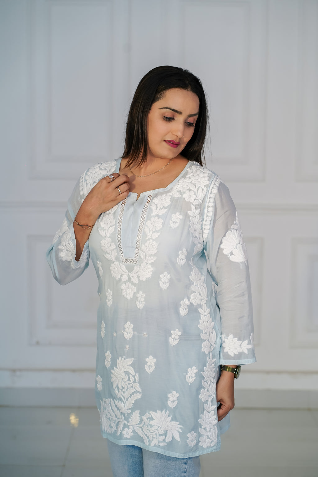 Beige Muslin Short Kurti with 3D Chikankari
