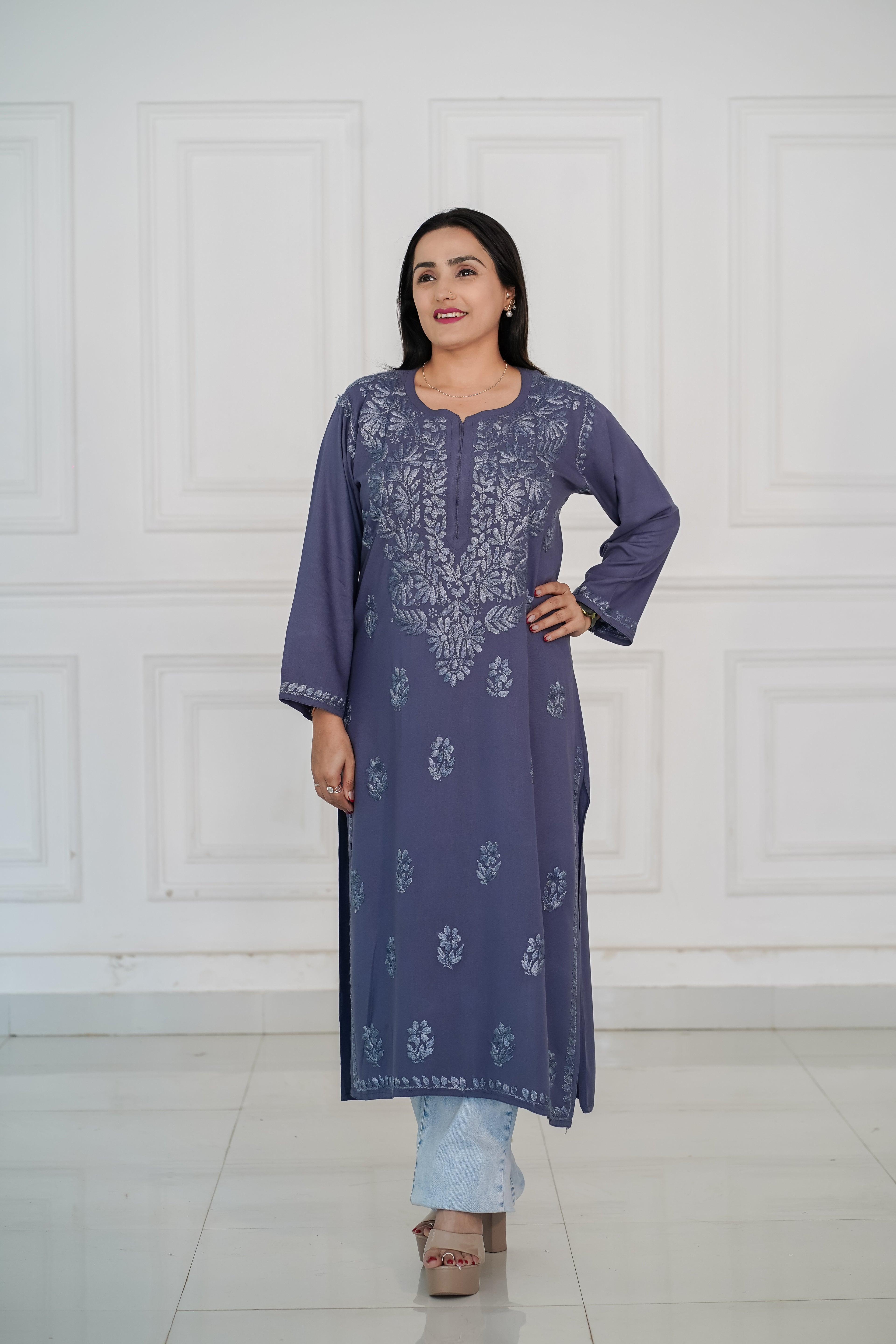 Rayon Kurti with Same Colour Chikankari work in Red and Grey Colour.