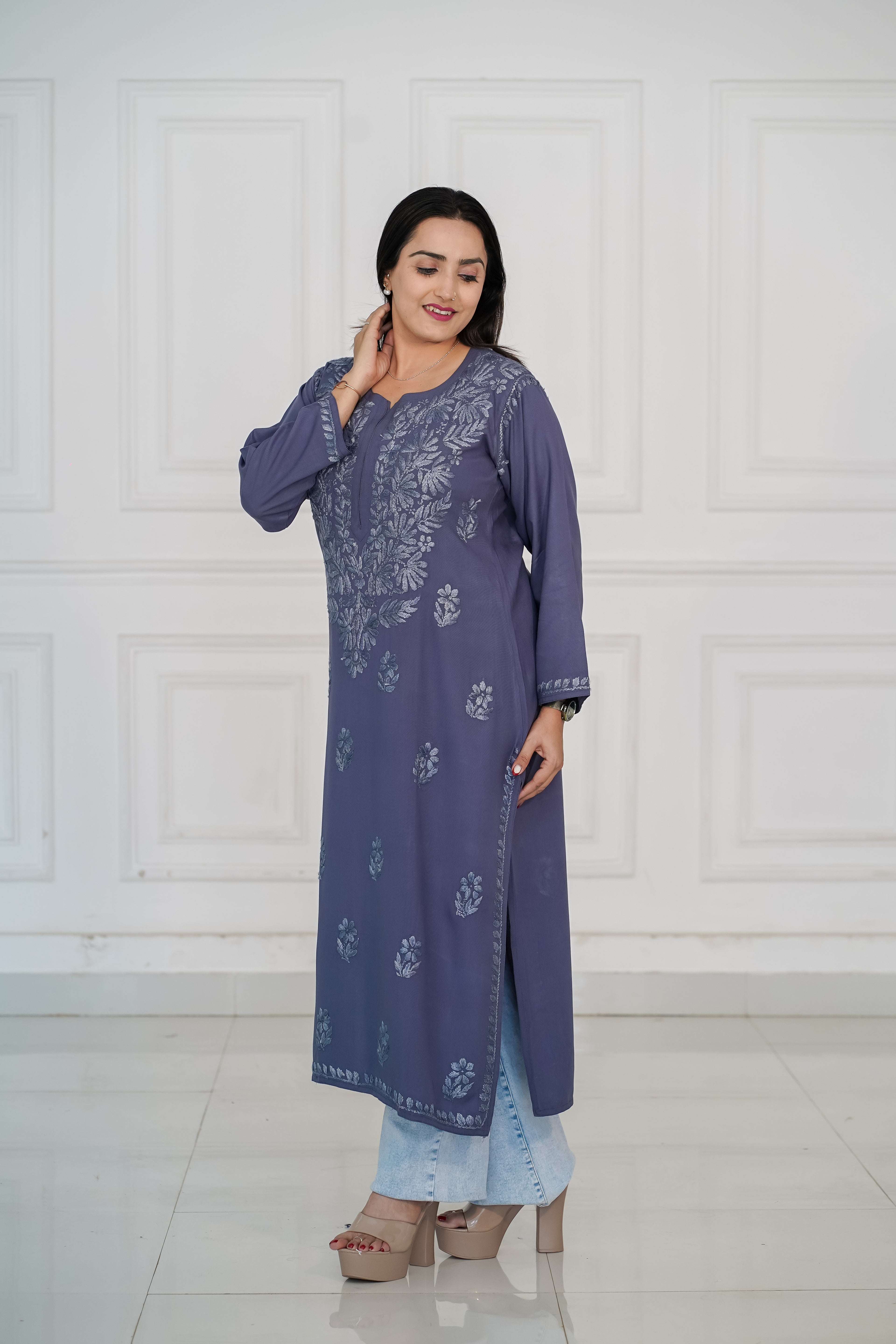 Rayon Kurti with Same Colour Chikankari work in Red and Grey Colour.