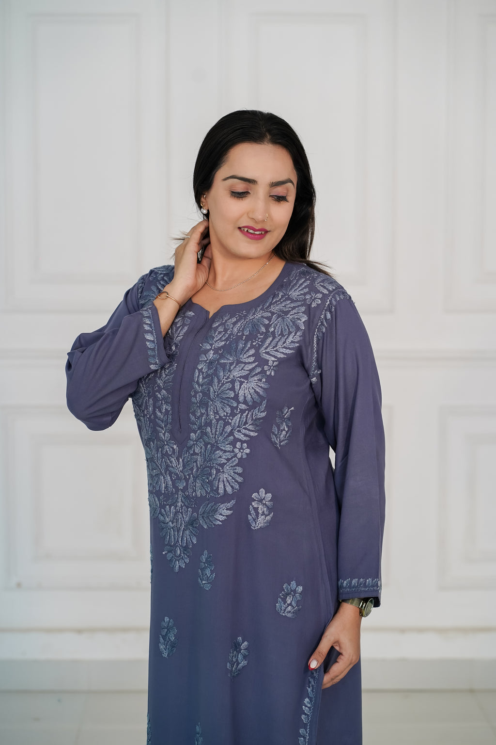 Rayon Kurti with Same Colour Chikankari work in Red and Grey Colour.