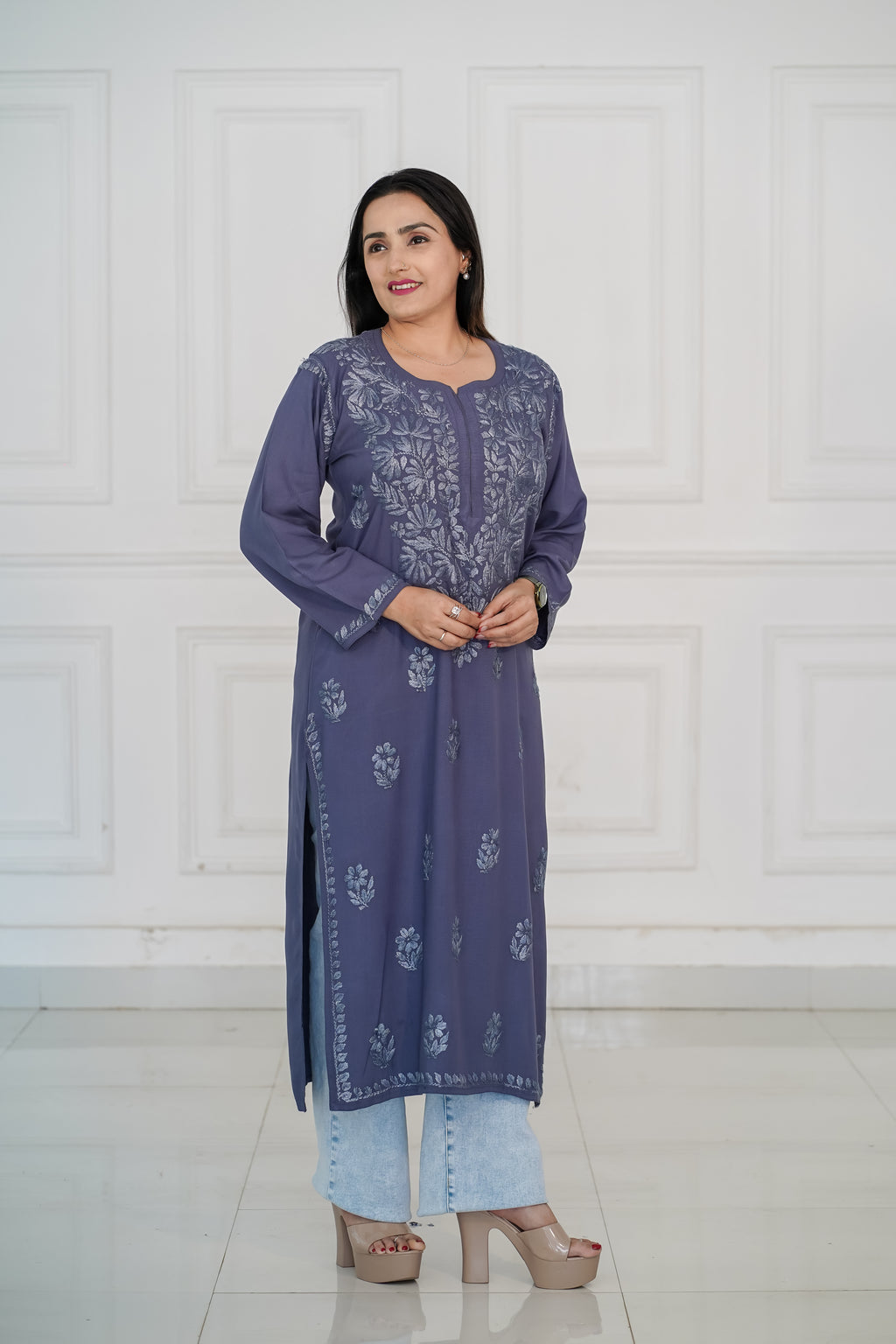 Rayon Kurti with Same Colour Chikankari work in Red and Grey Colour.
