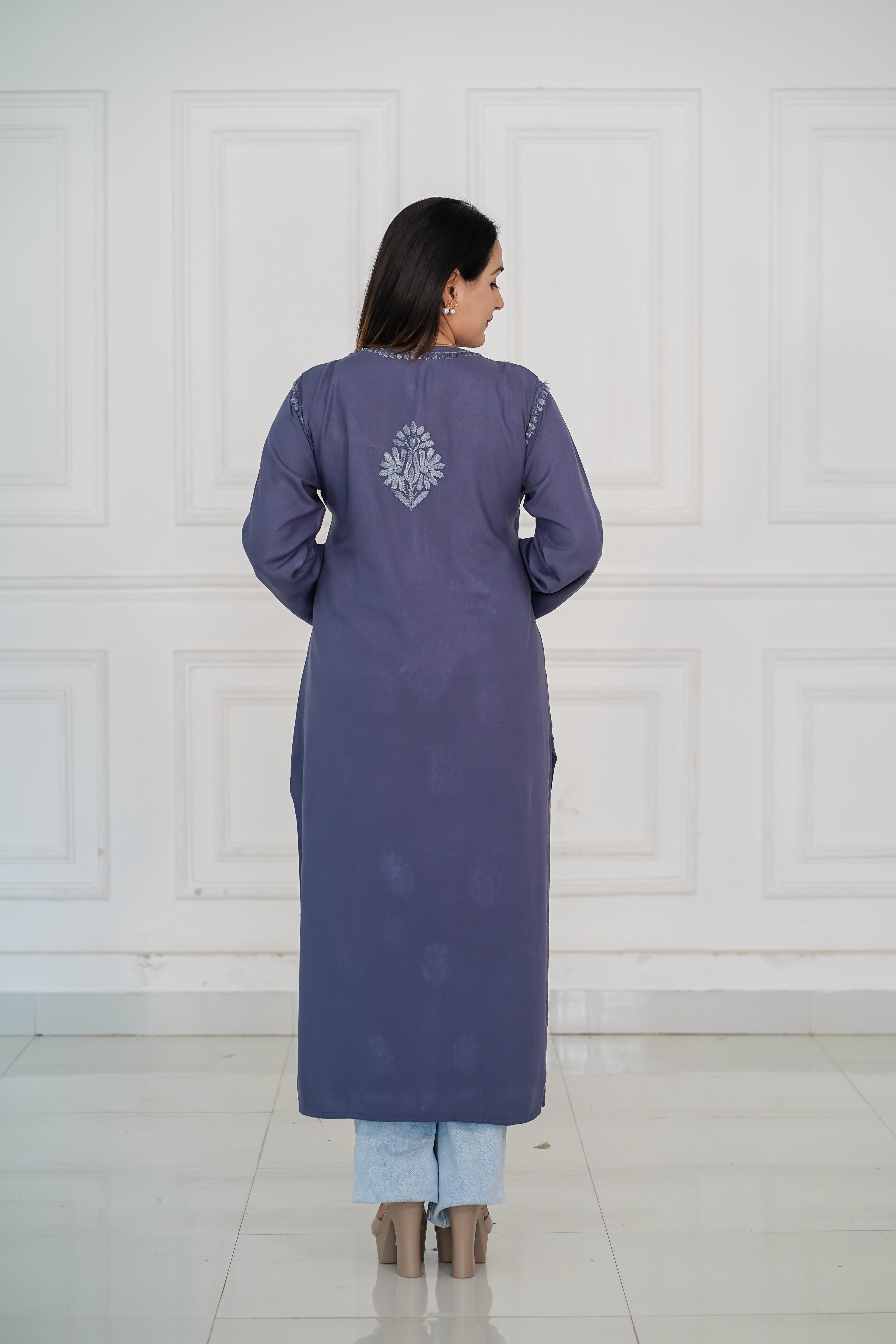 Rayon Kurti with Same Colour Chikankari work in Red and Grey Colour.