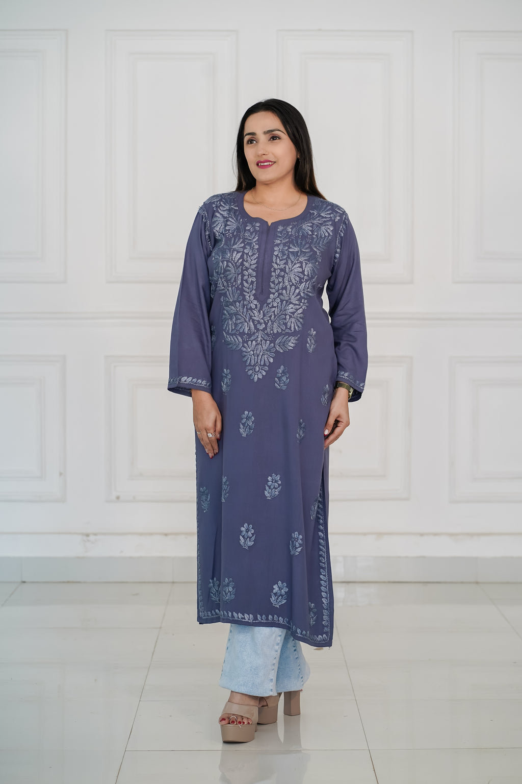Rayon Kurti with Same Colour Chikankari work in Red and Grey Colour.
