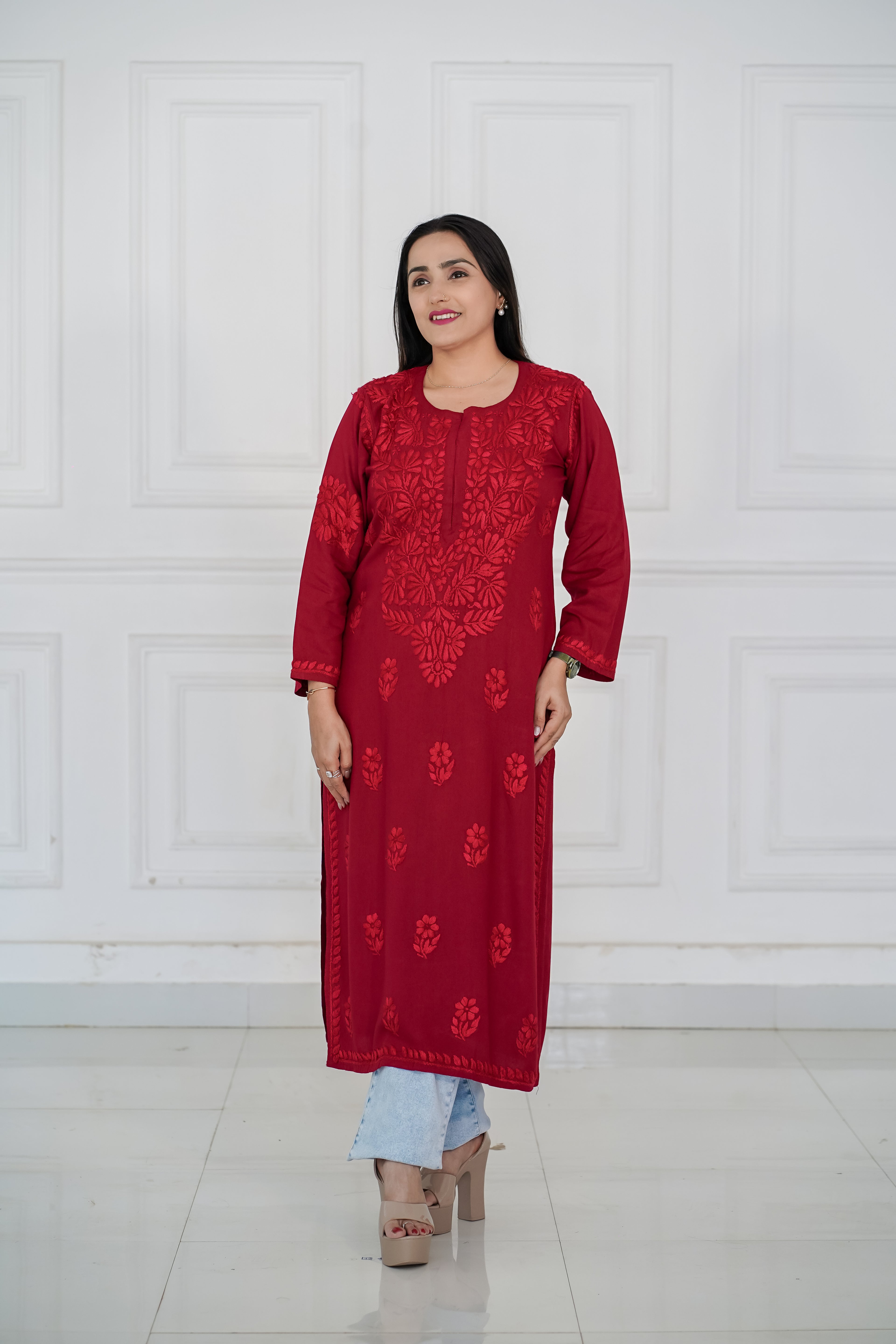 Rayon Kurti with Same Colour Chikankari work in Red and Grey Colour.