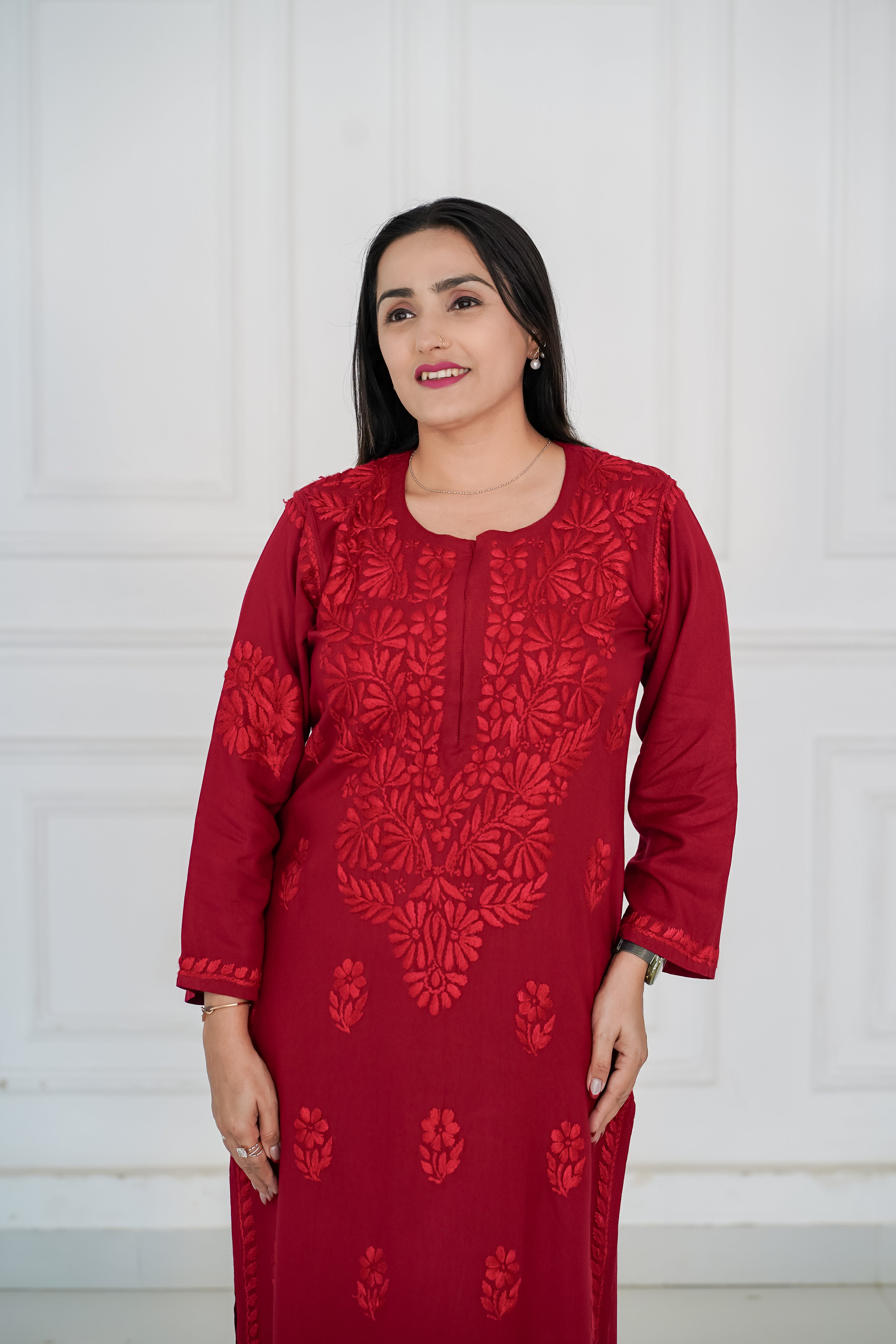 Rayon Kurti with Same Colour Chikankari work in Red and Grey Colour.