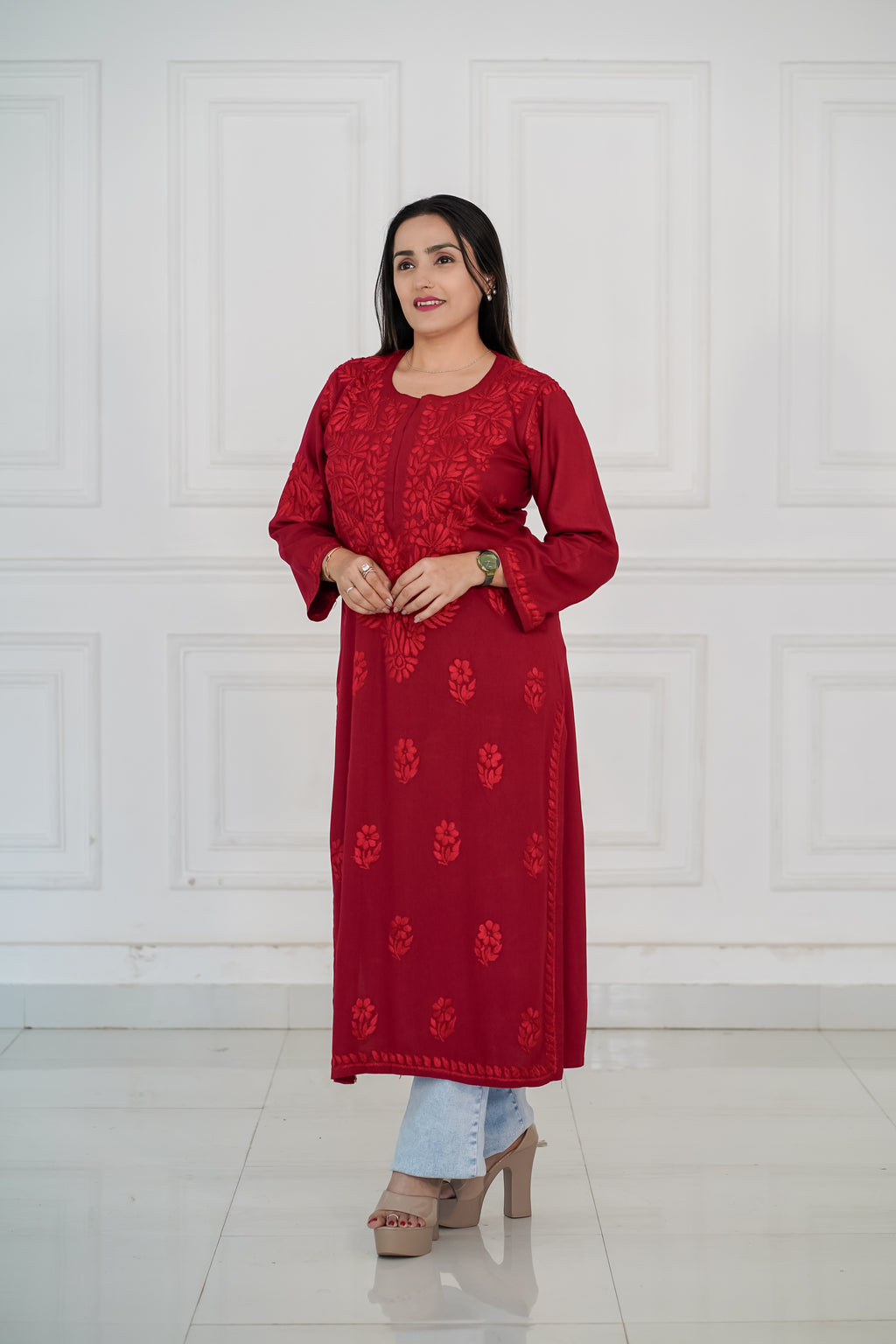 Rayon Kurti with Same Colour Chikankari work in Red and Grey Colour.