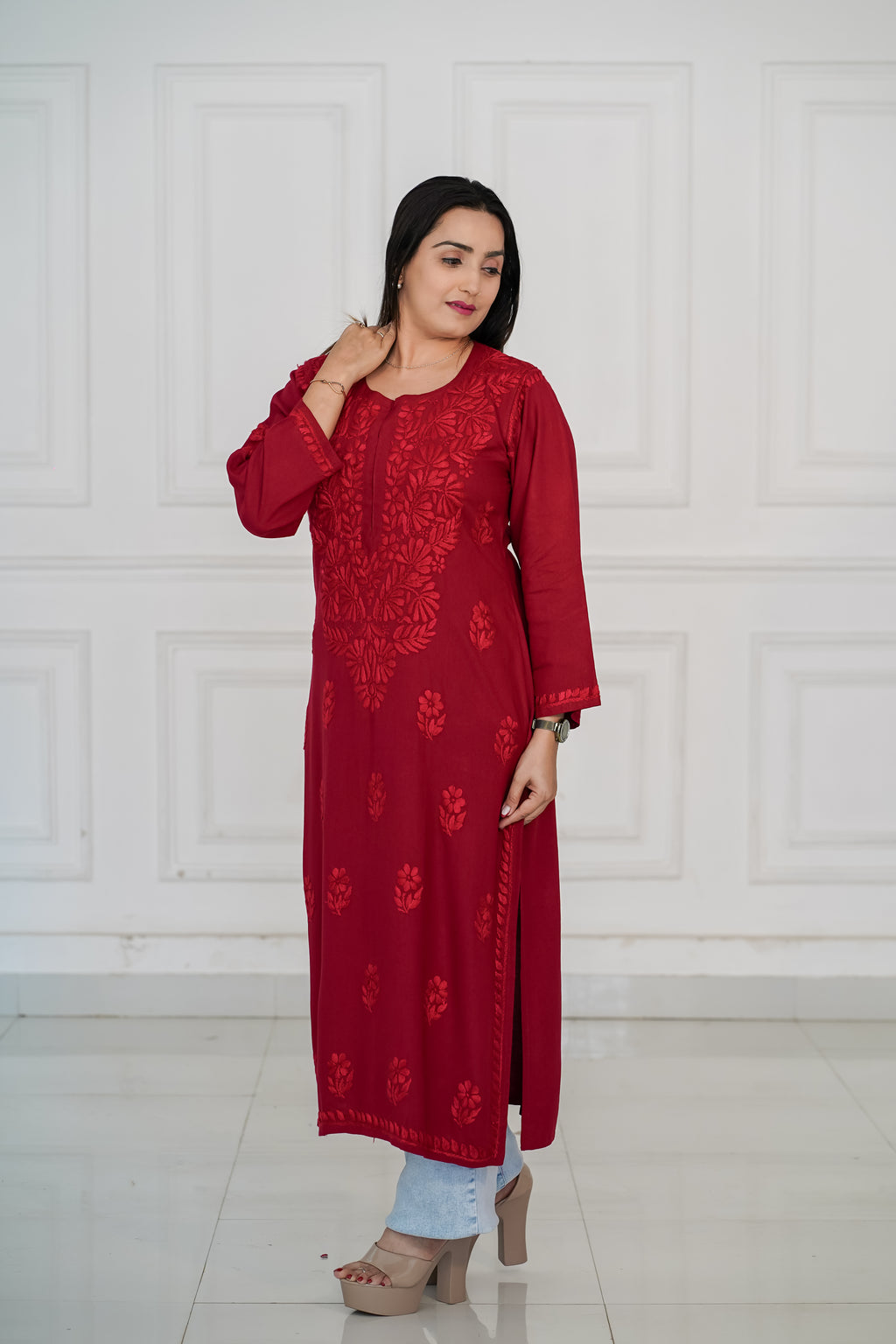 Rayon Kurti with Same Colour Chikankari work in Red and Grey Colour.