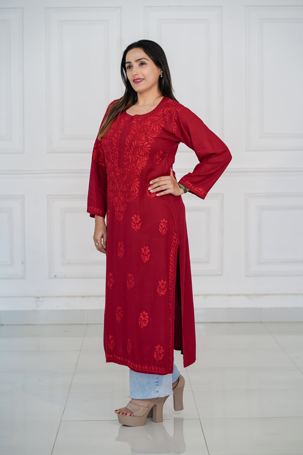 Rayon Kurti with Same Colour Chikankari work in Red and Grey Colour.