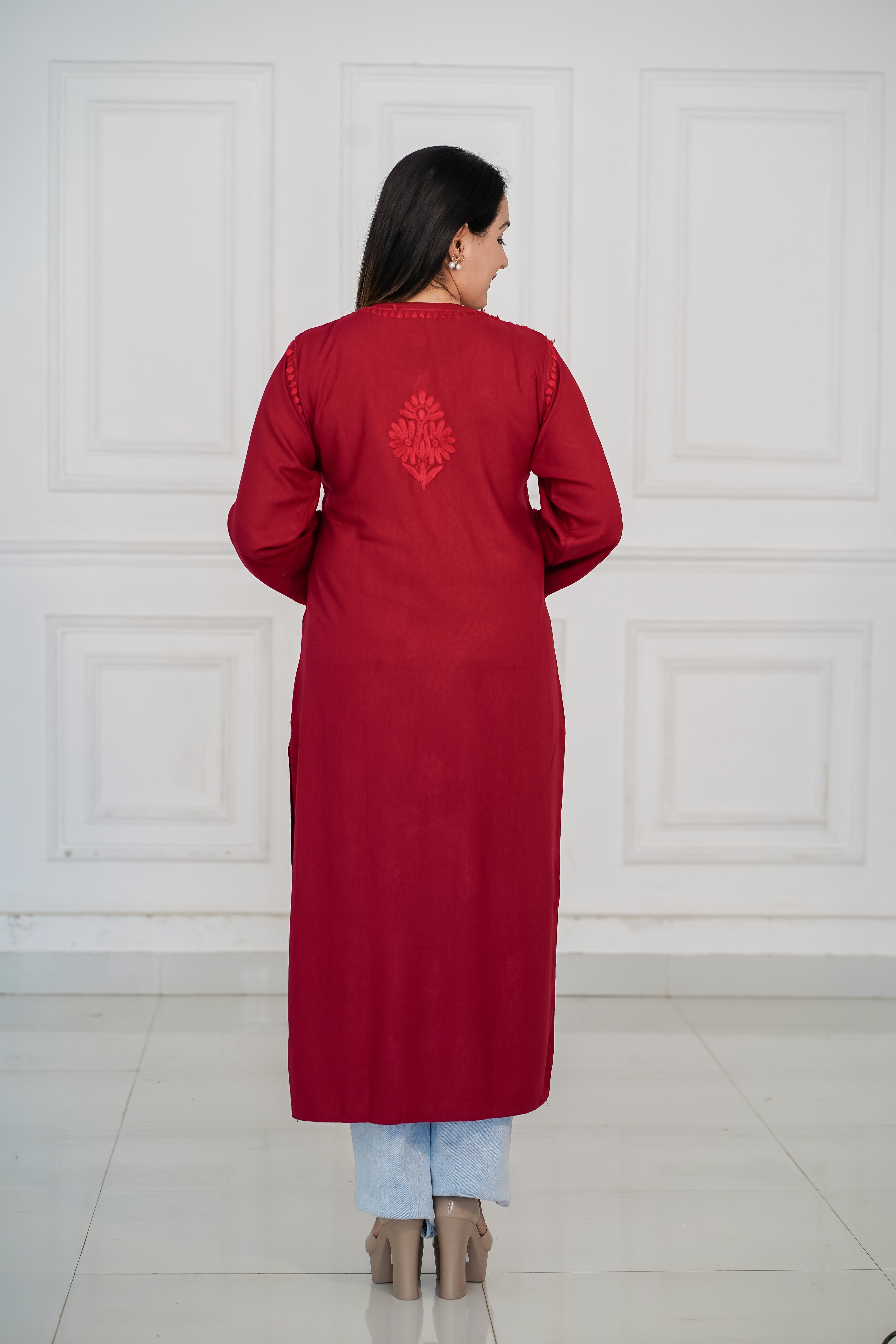 Rayon Kurti with Same Colour Chikankari work in Red and Grey Colour.