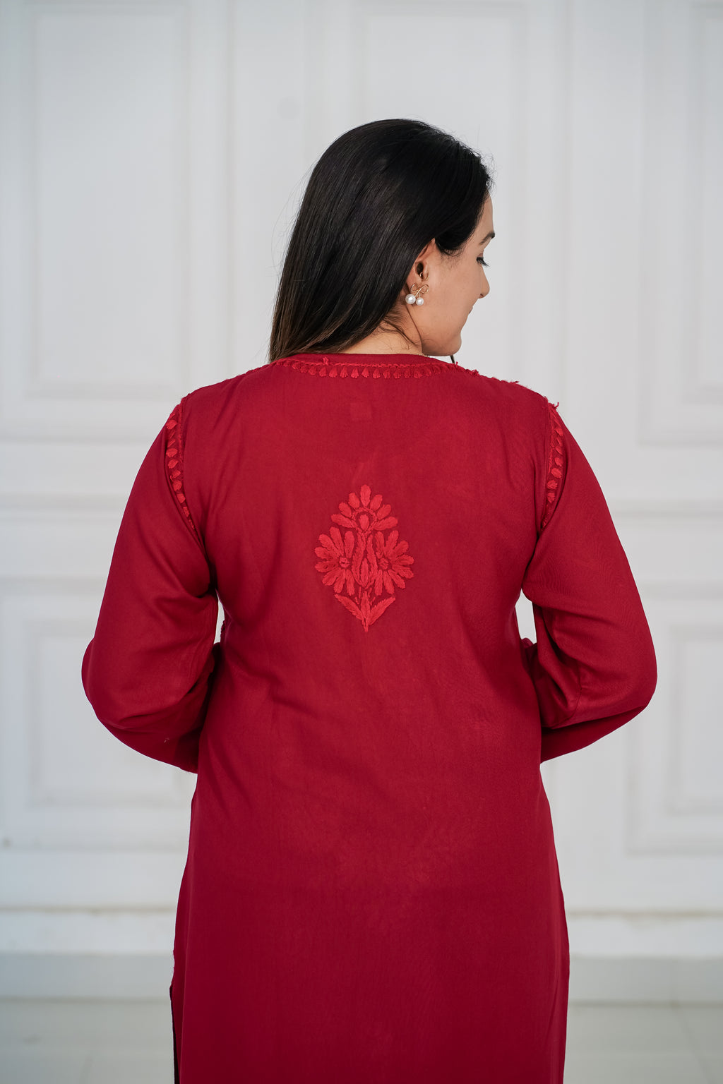 Rayon Kurti with Same Colour Chikankari work in Red and Grey Colour.