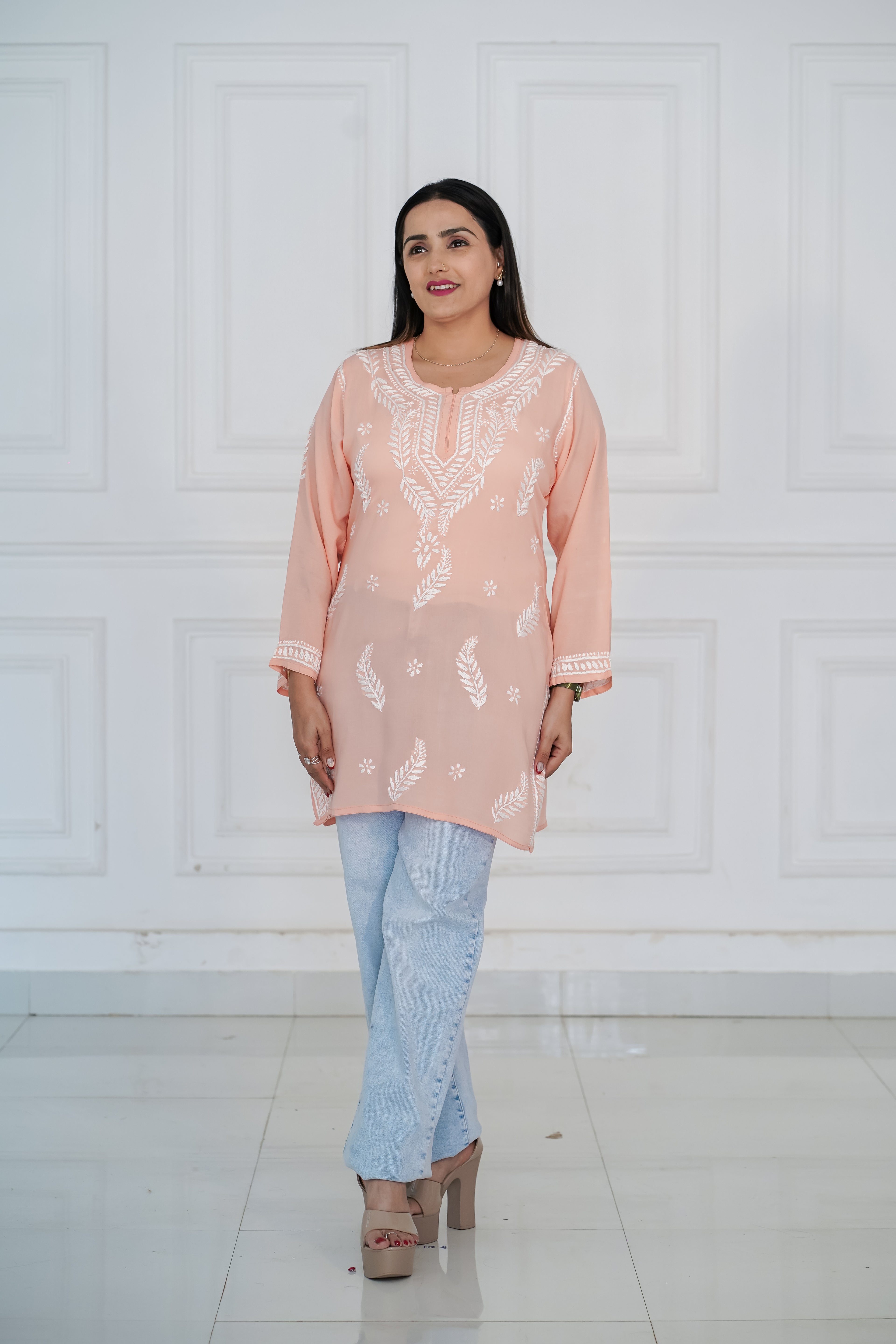 Peach Colour Cotton Short Kurti