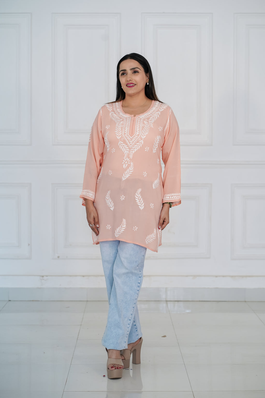 Peach Colour Cotton Short Kurti