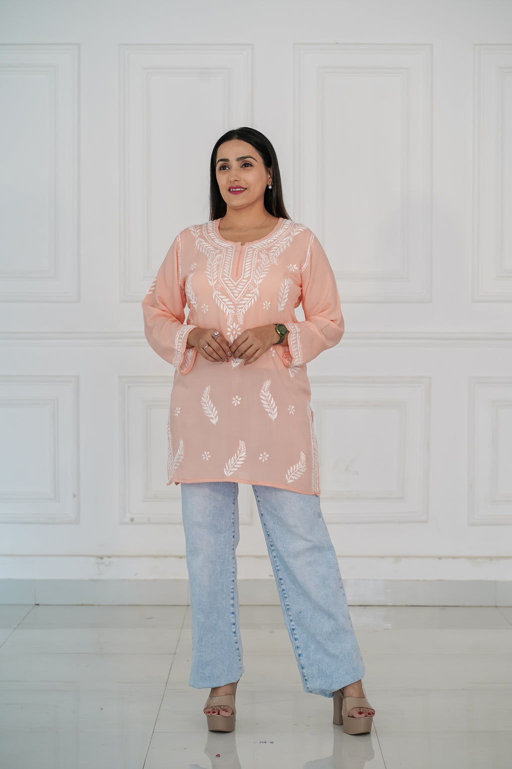 Peach Colour Cotton Short Kurti