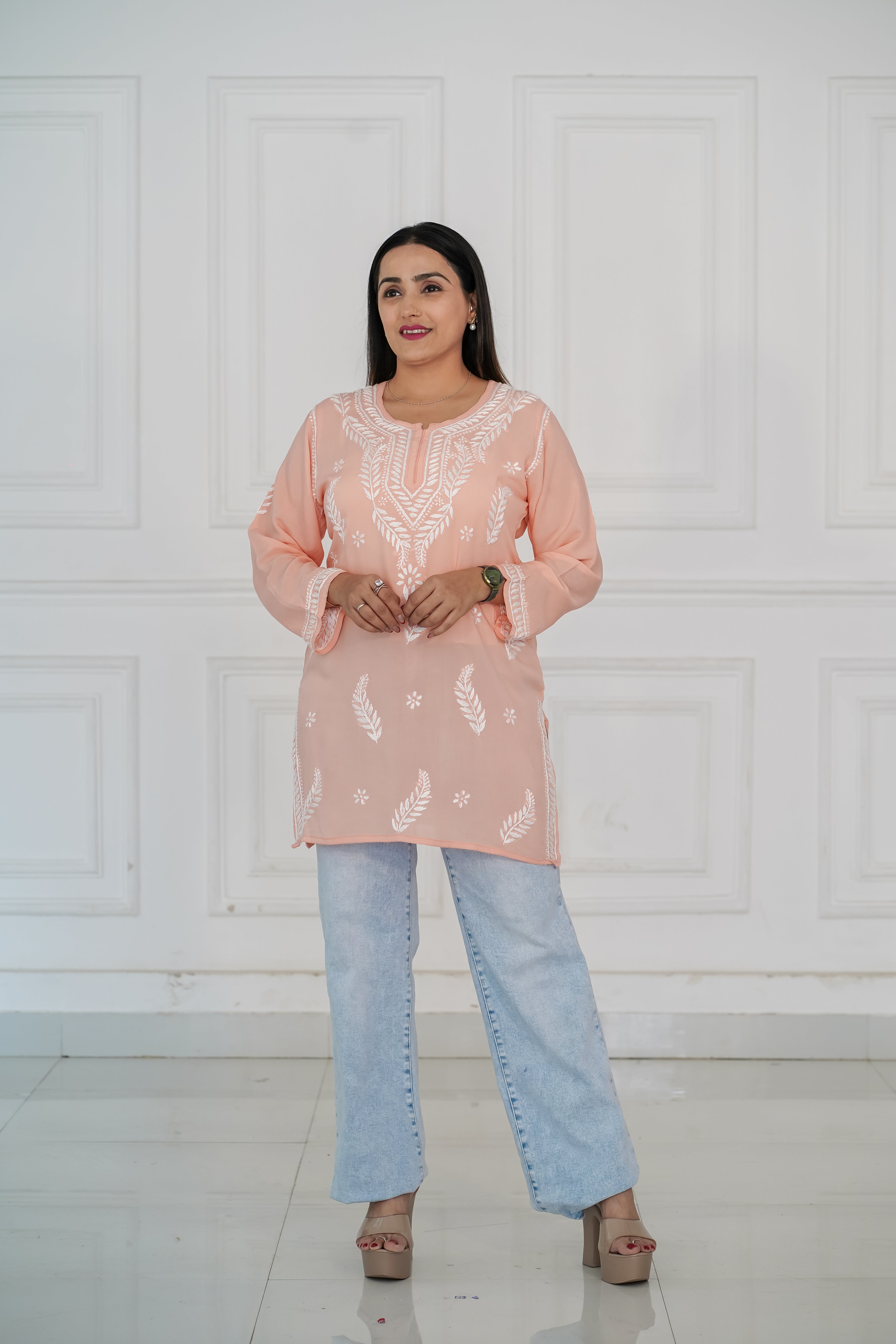 Peach Colour Cotton Short Kurti
