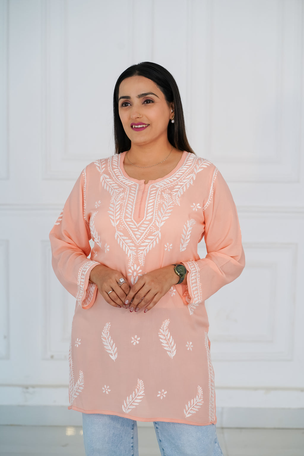 Peach Colour Cotton Short Kurti