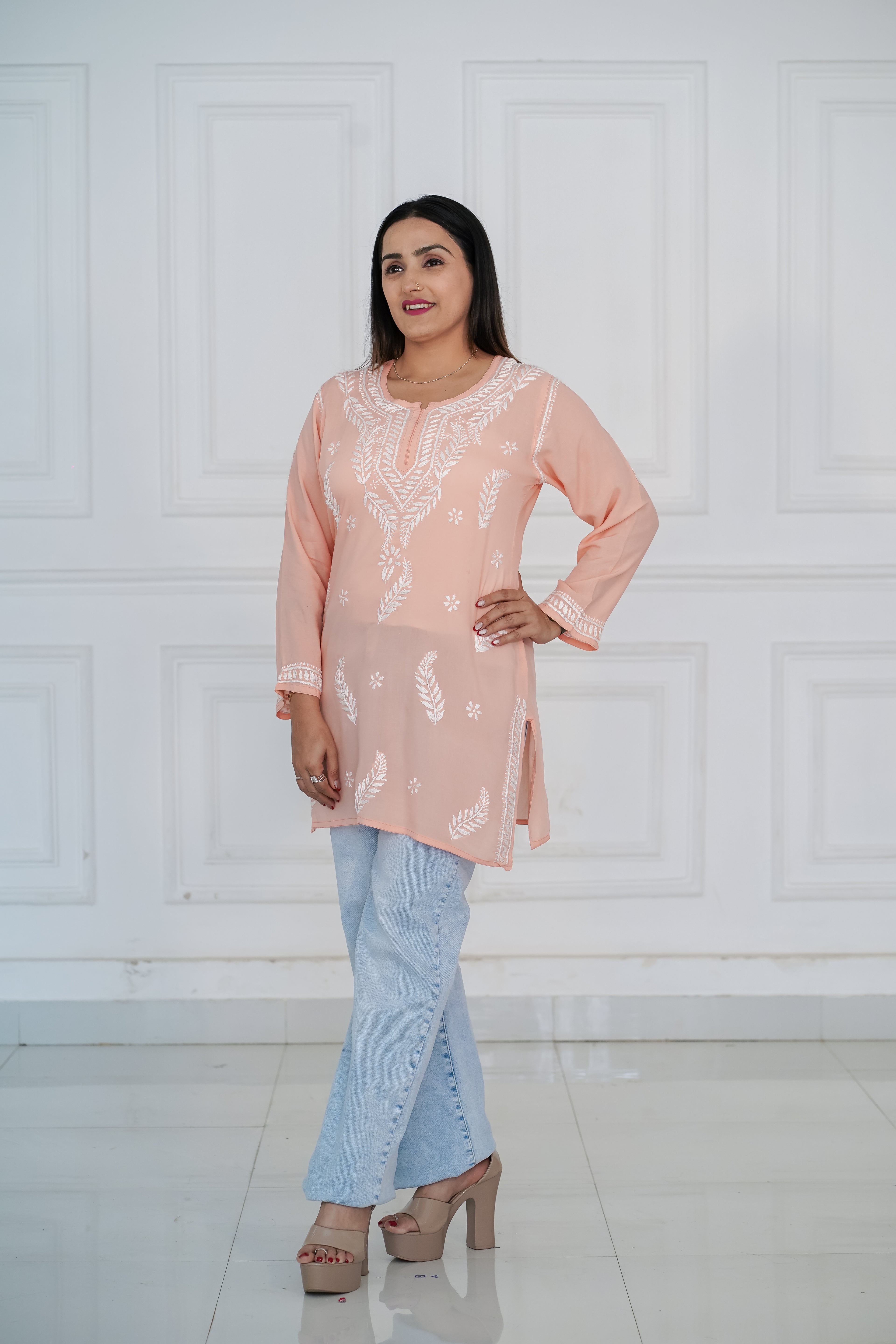 Peach Colour Cotton Short Kurti