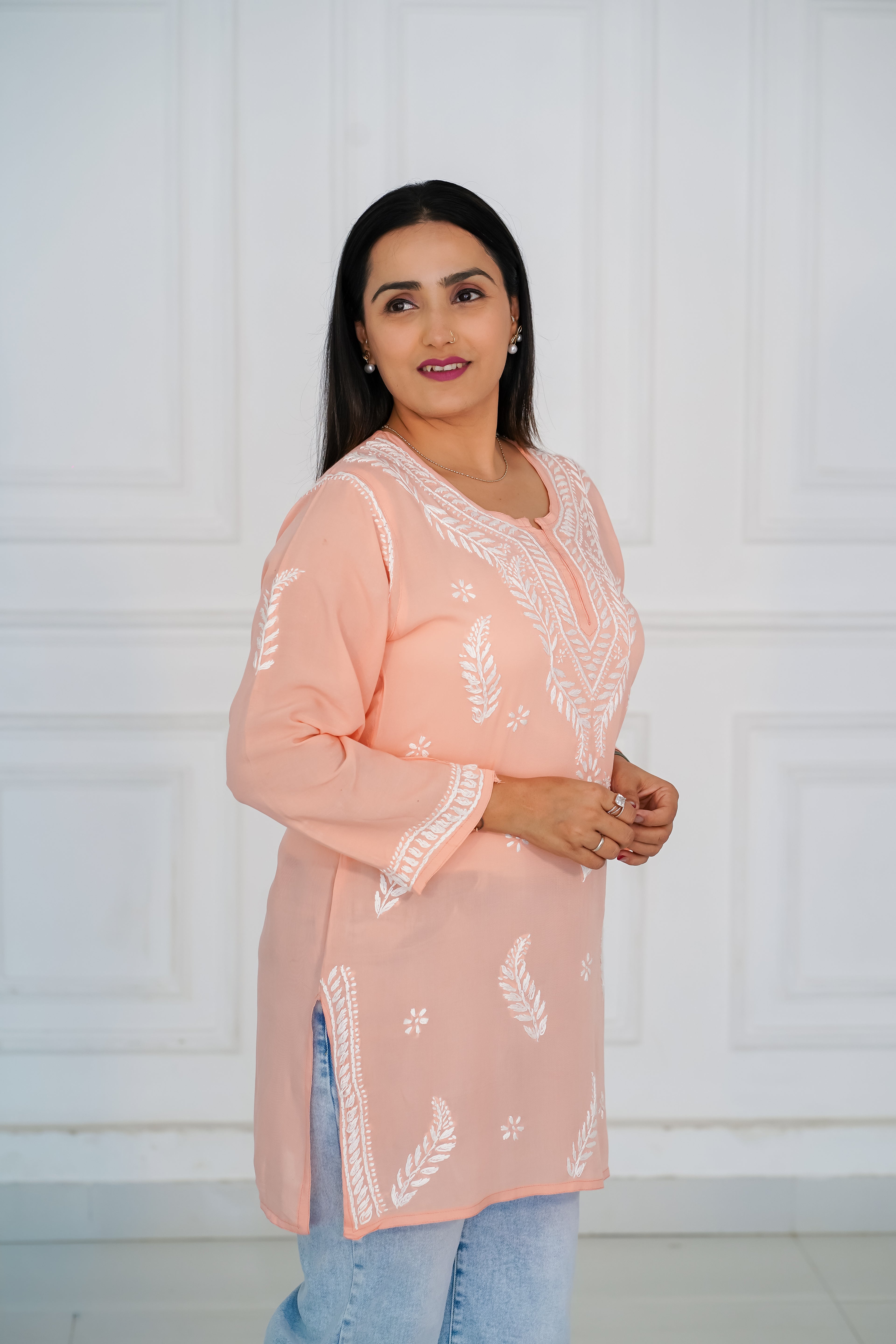 Peach Colour Cotton Short Kurti