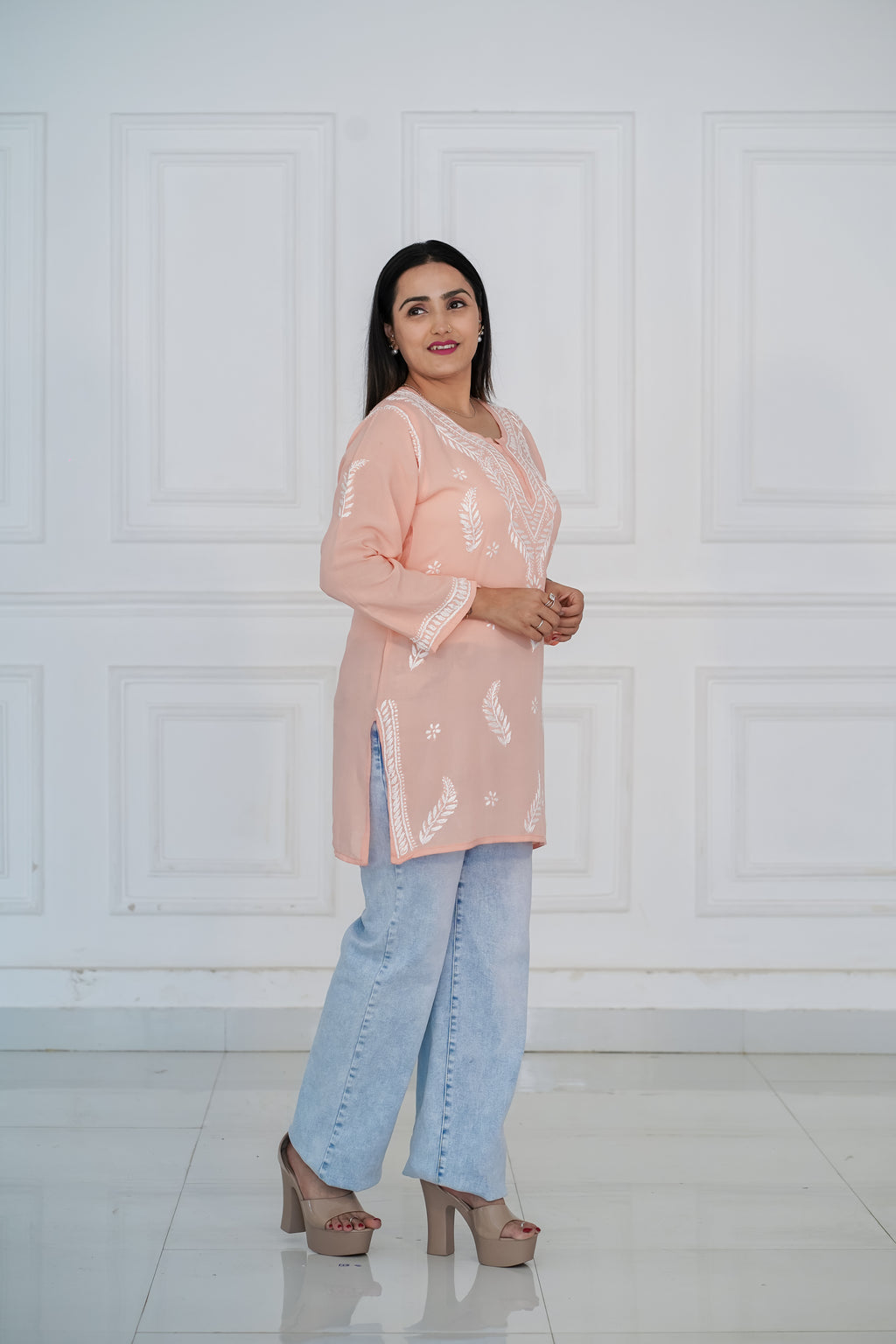 Peach Colour Cotton Short Kurti