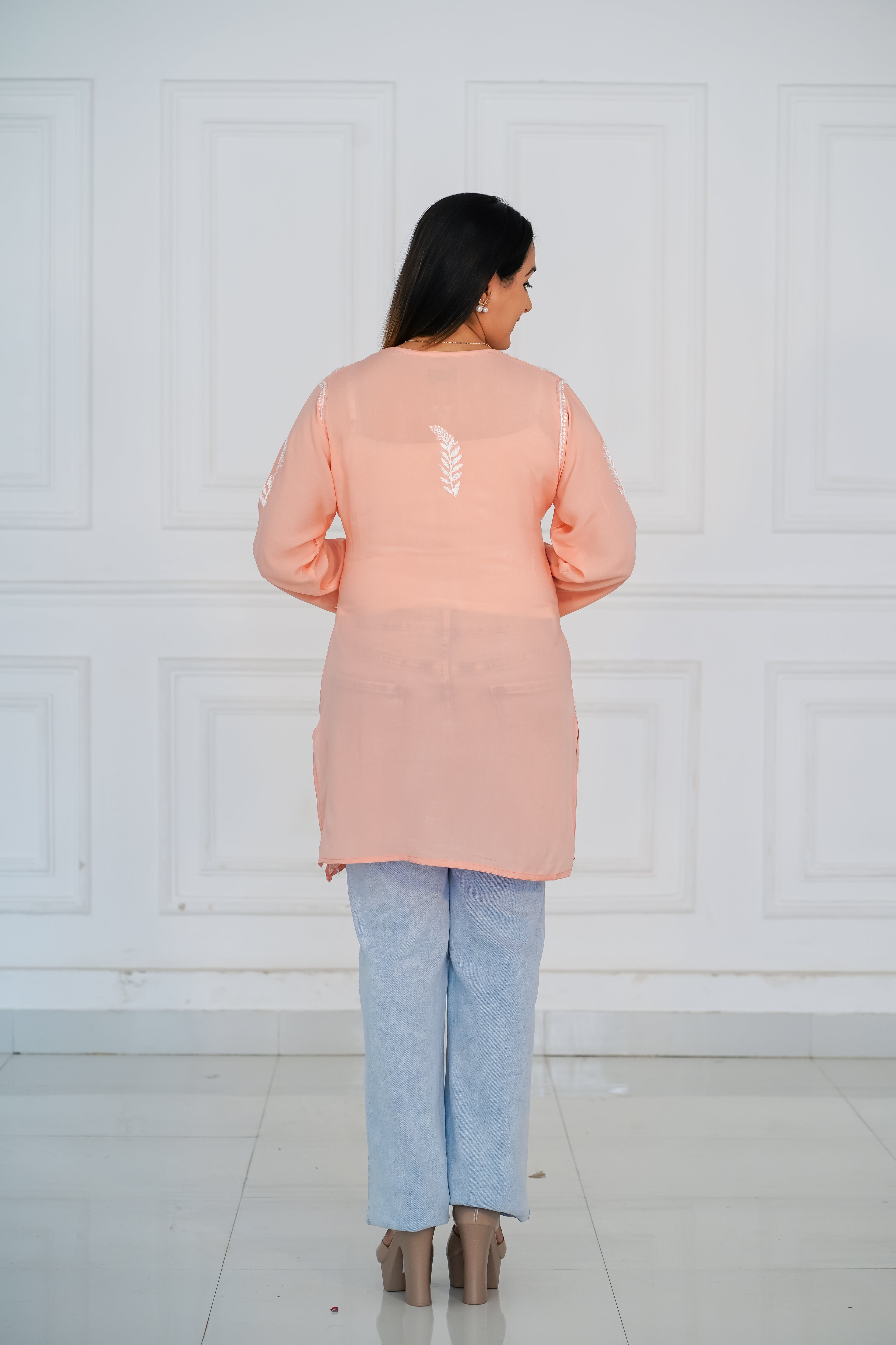 Peach Colour Cotton Short Kurti