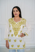 Pure Cotton Short Kurti with Green Chikankari