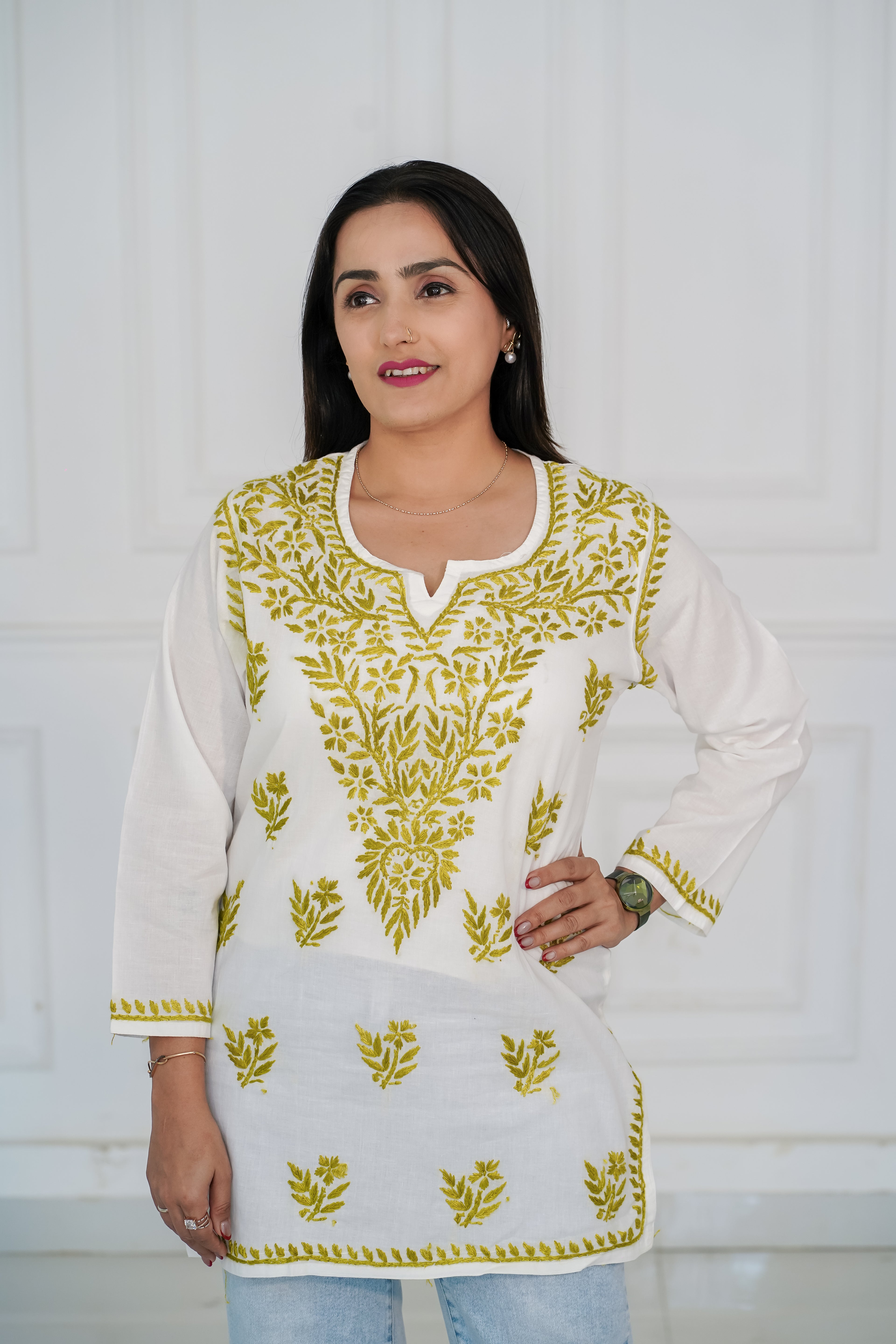 Pure Cotton Short Kurti with Green Chikankari