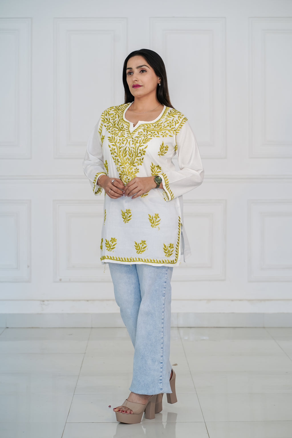 Pure Cotton Short Kurti with Green Chikankari