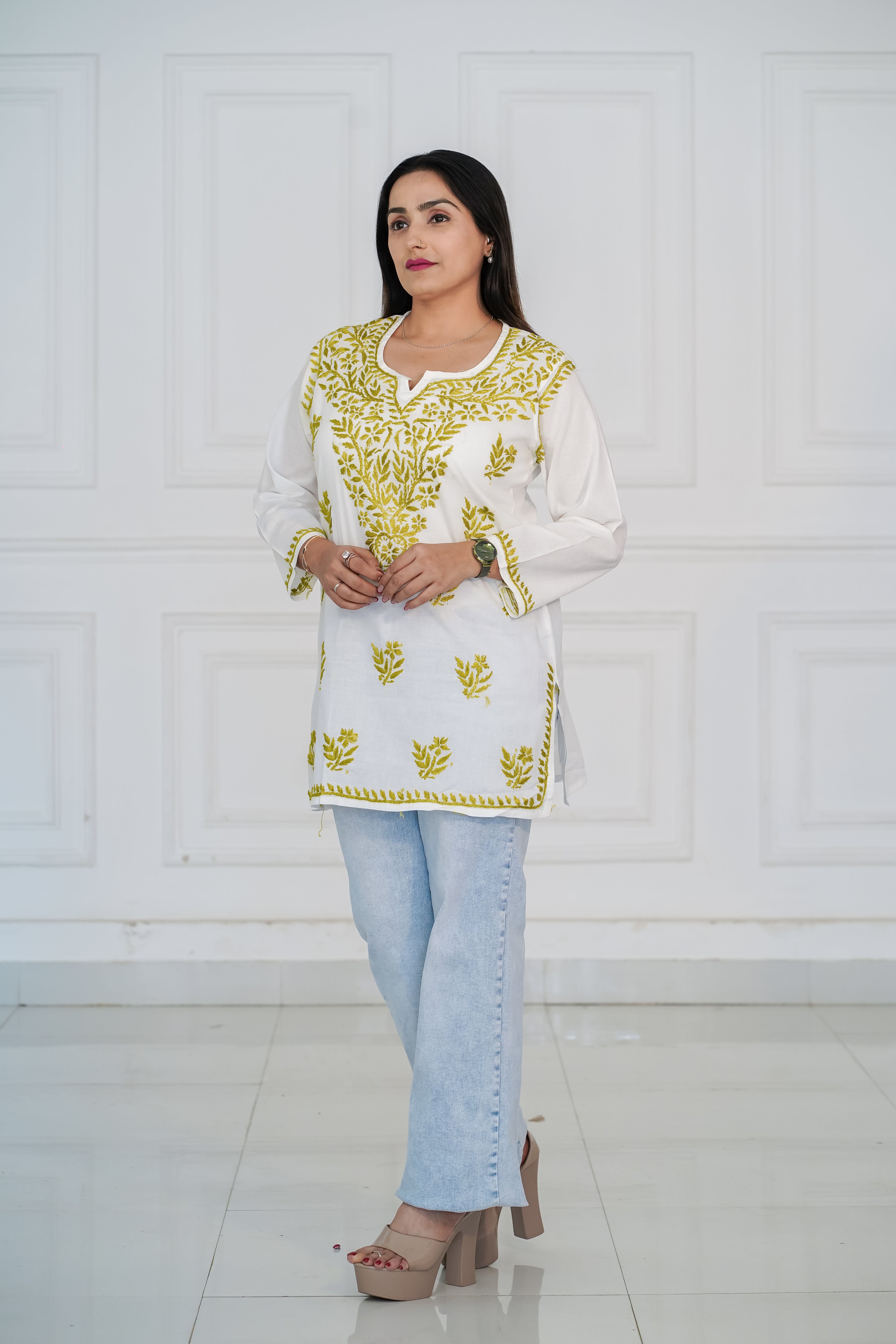 Pure Cotton Short Kurti with Green Chikankari