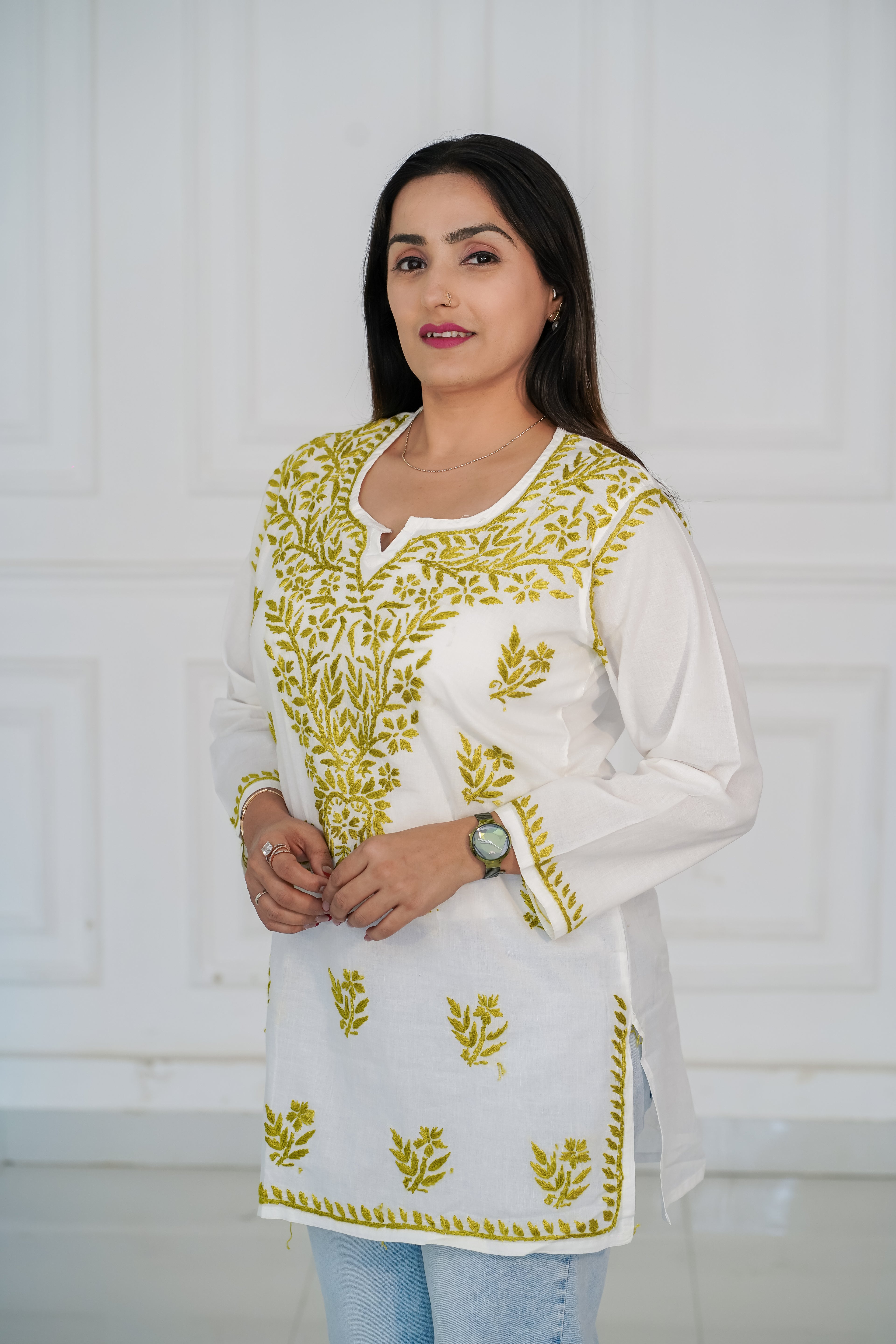 Pure Cotton Short Kurti with Green Chikankari