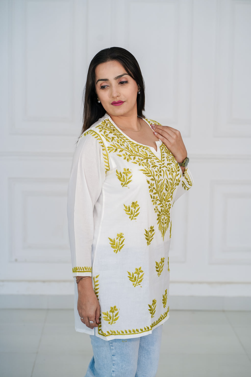 Pure Cotton Short Kurti with Green Chikankari