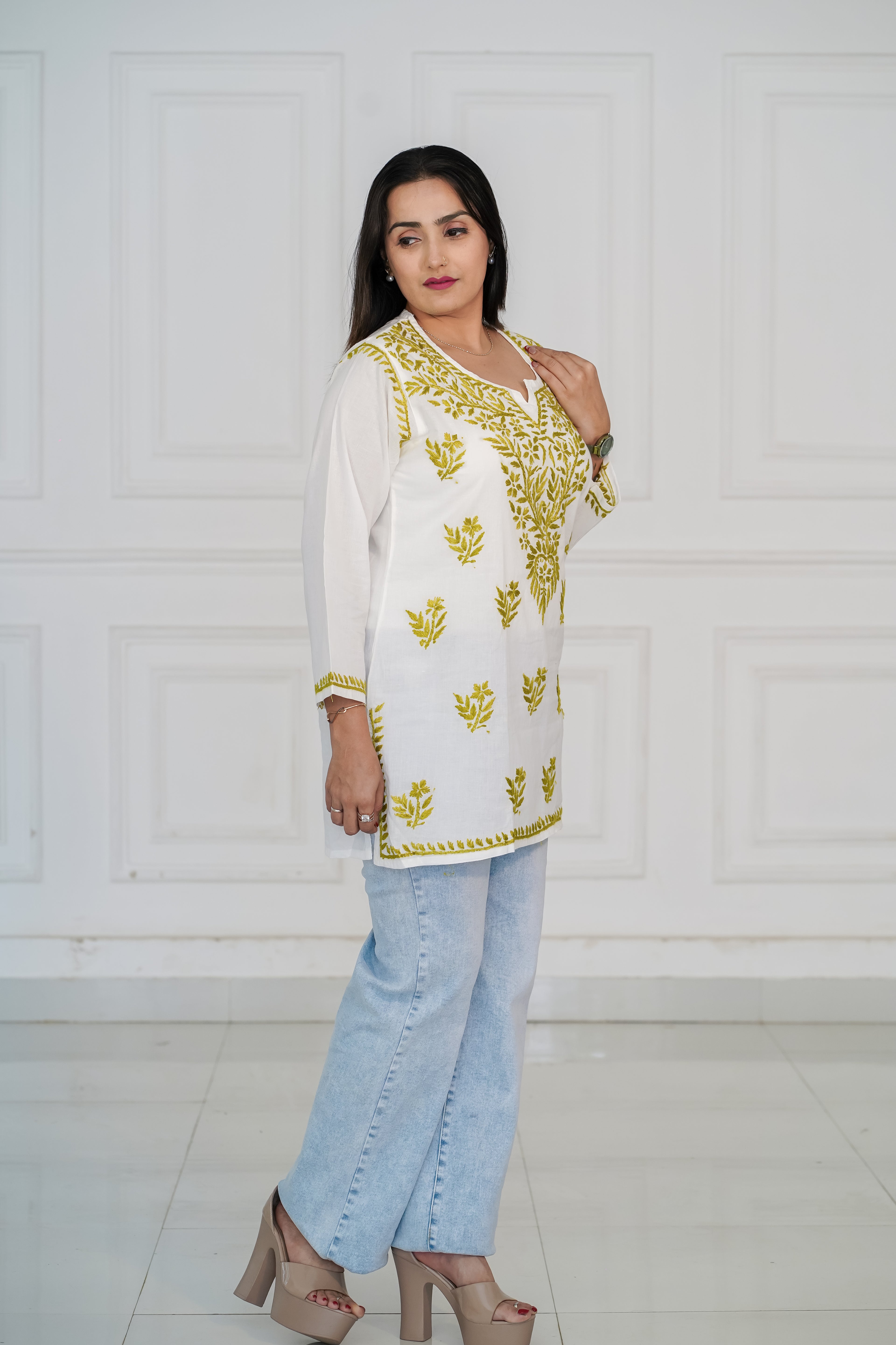 Pure Cotton Short Kurti with Green Chikankari