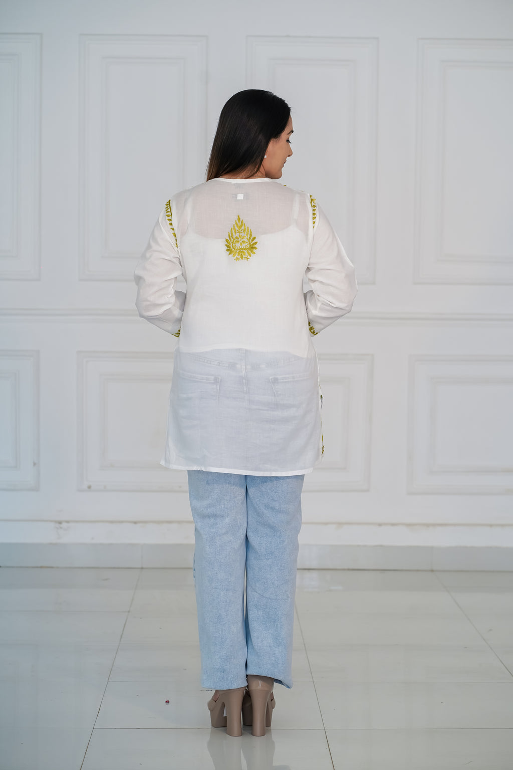 Pure Cotton Short Kurti with Green Chikankari