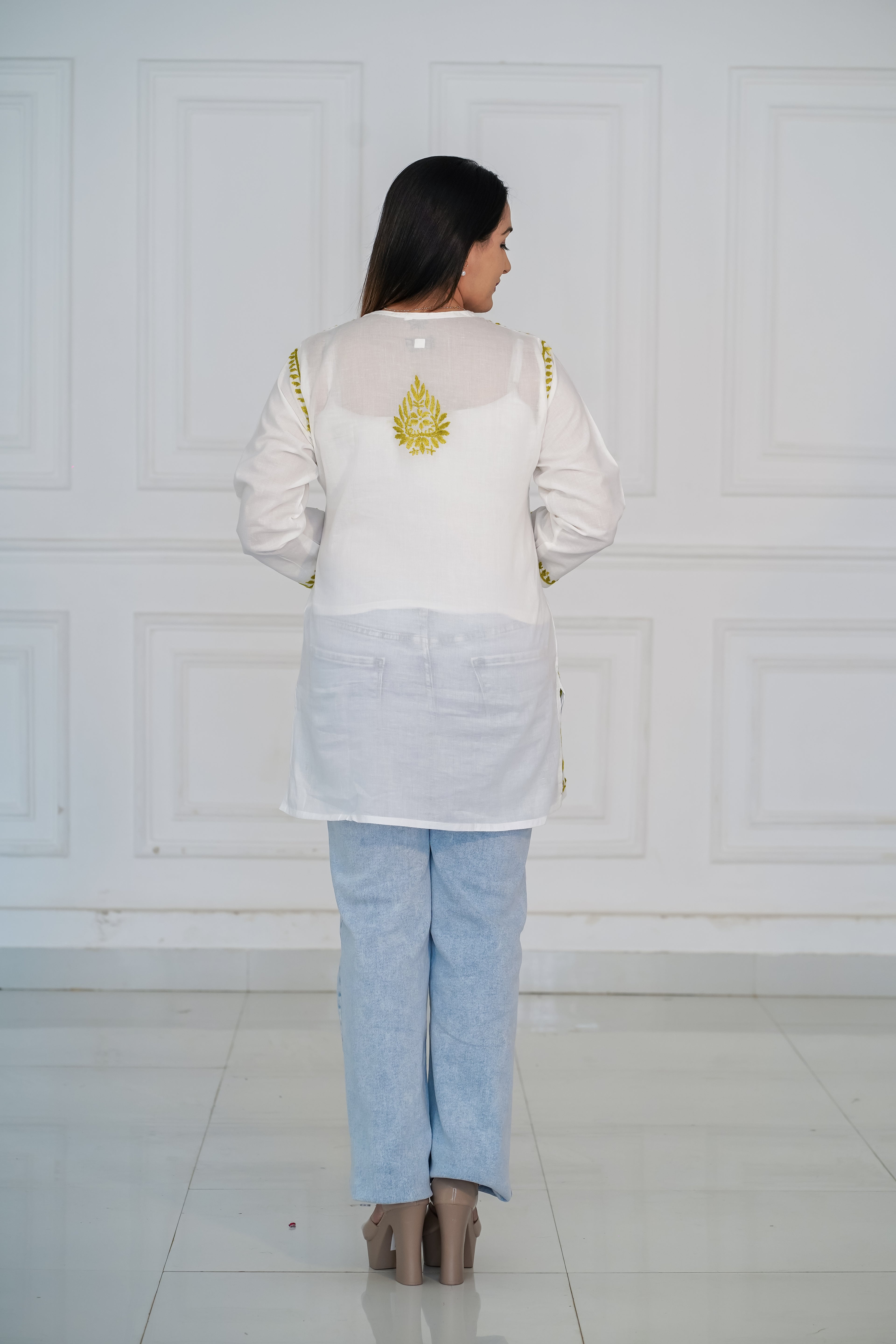 Pure Cotton Short Kurti with Green Chikankari