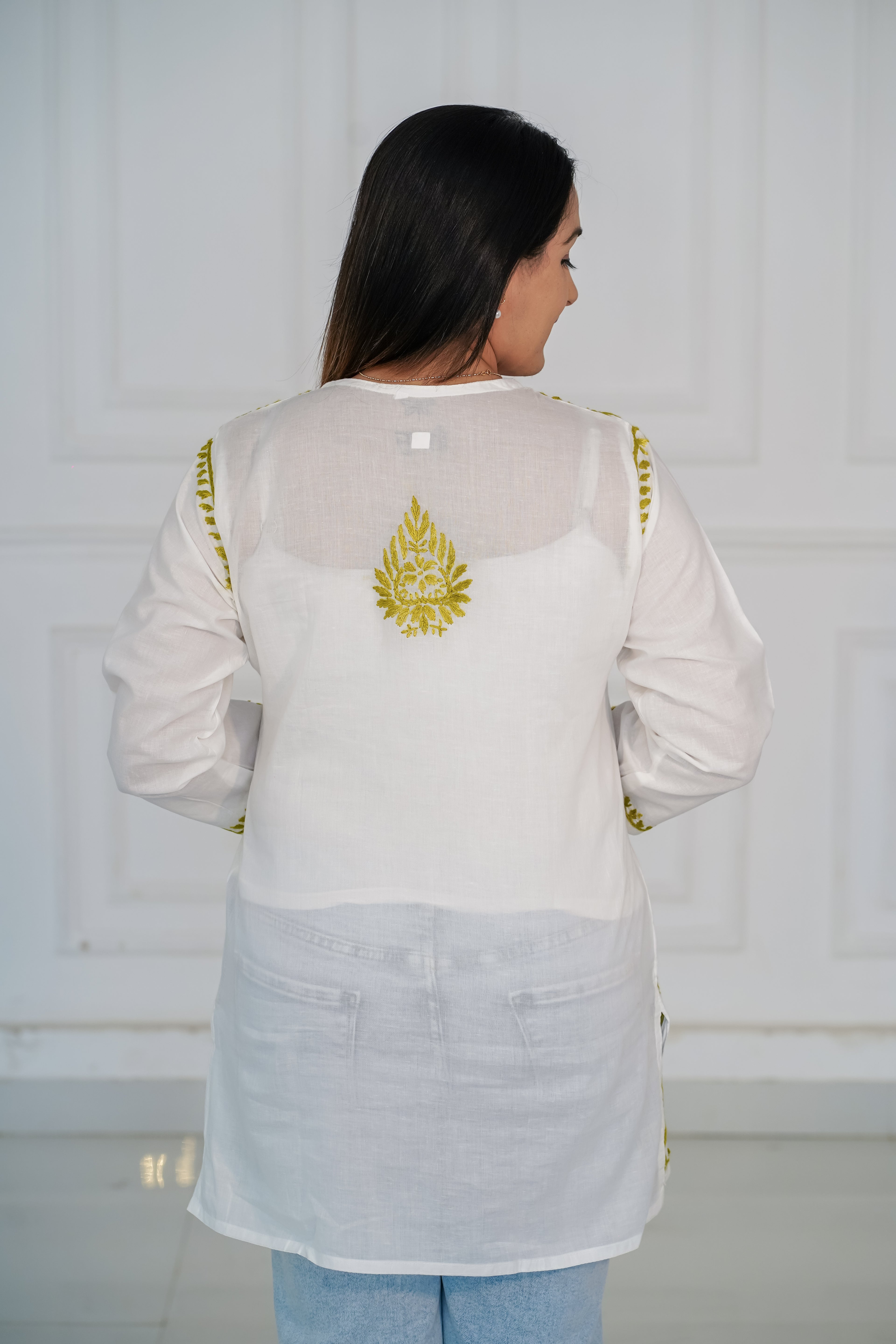 Pure Cotton Short Kurti with Green Chikankari